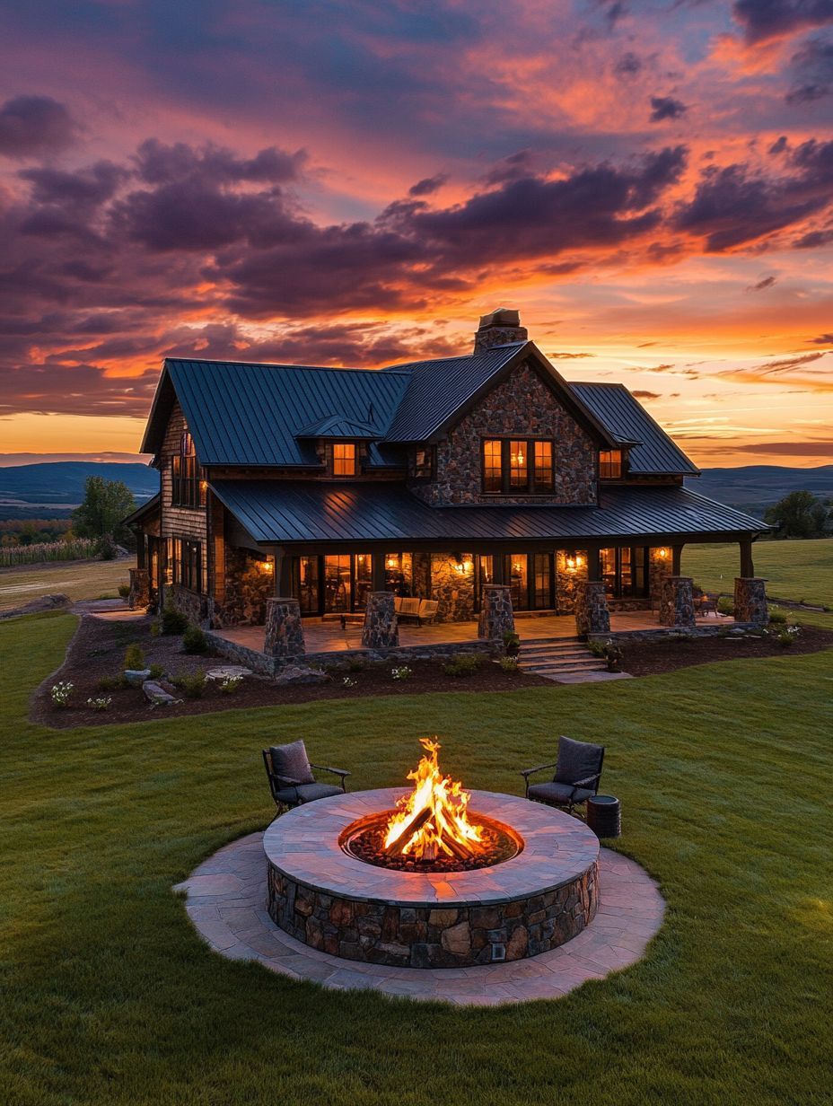A stone house with a metal roof is lit from within at sunset, with a fire pit and four chairs on a manicured lawn in the foreground.