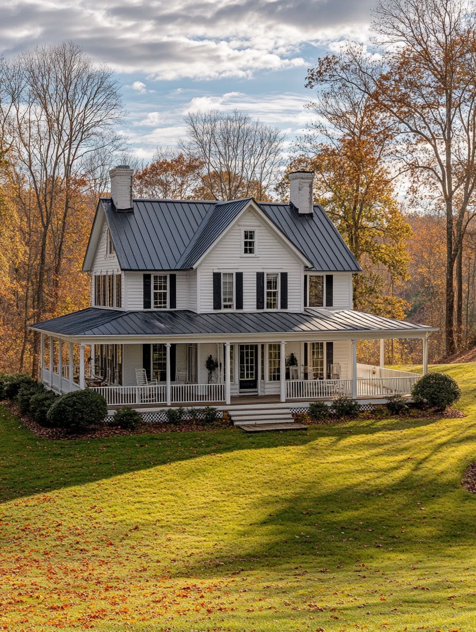 A white two-story house with a large wraparound porch and black shutters sits on a grassy lawn, surrounded by autumn trees under a partly cloudy sky.