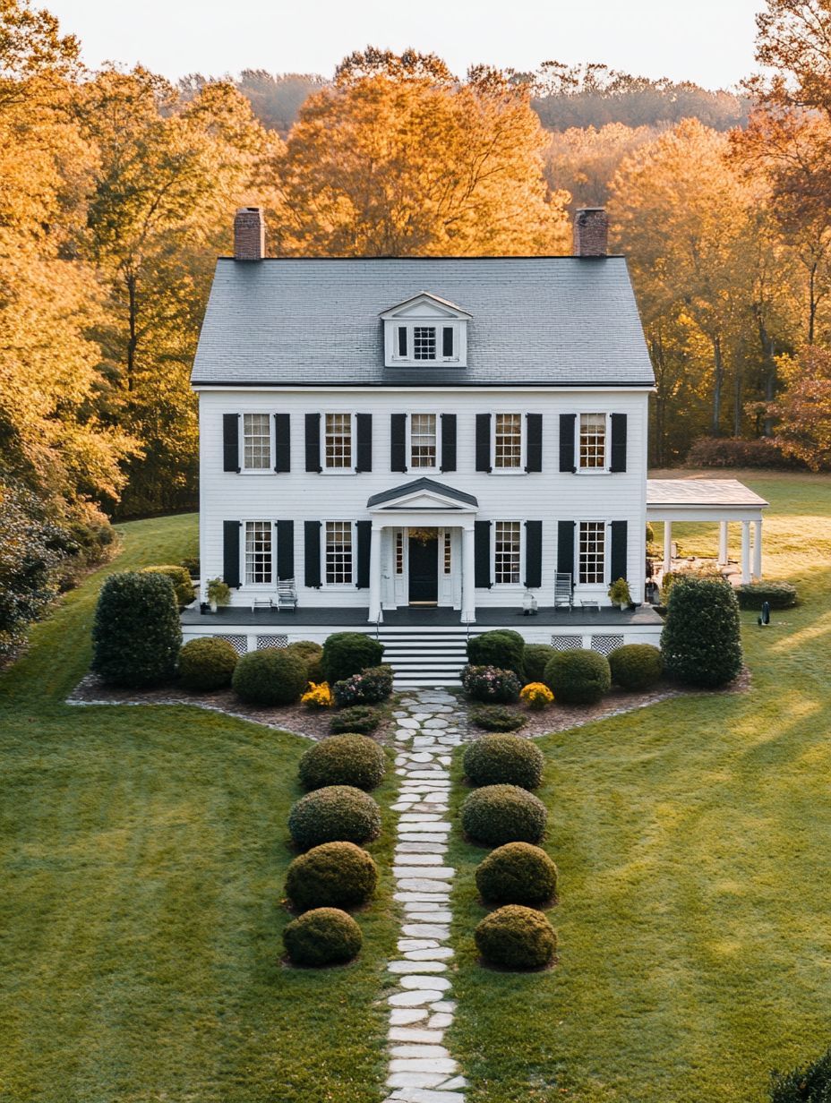 A white two-story house with black shutters sits amid green lawns and autumn trees, with a stone path leading to the front entrance.