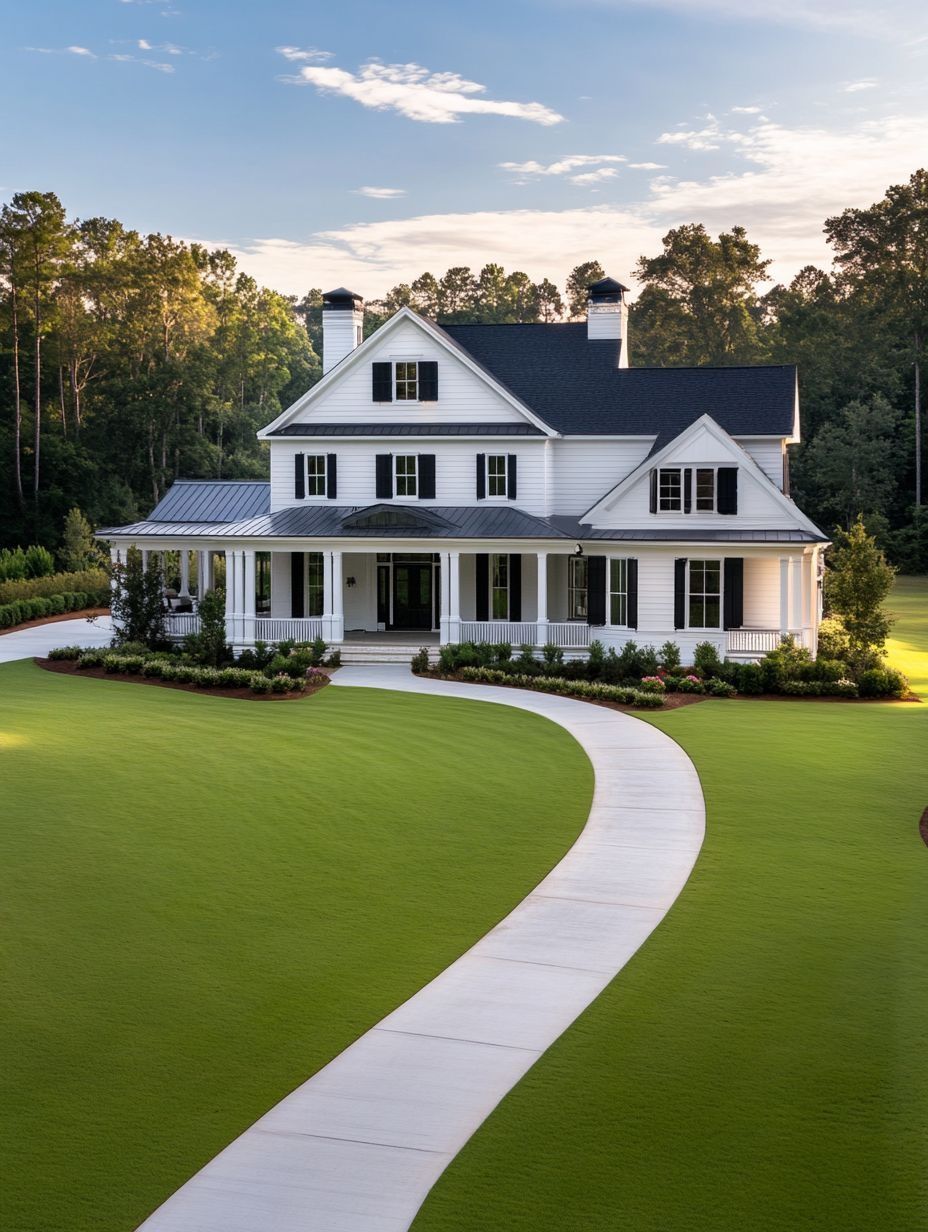 A large white two-story house with black shutters, a wide porch, and a curved driveway, surrounded by manicured lawn and trees in the background.