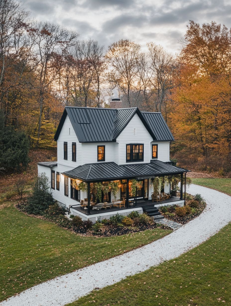 A two-story white house with a black roof is surrounded by autumn trees and has a curved gravel driveway leading to its front porch.