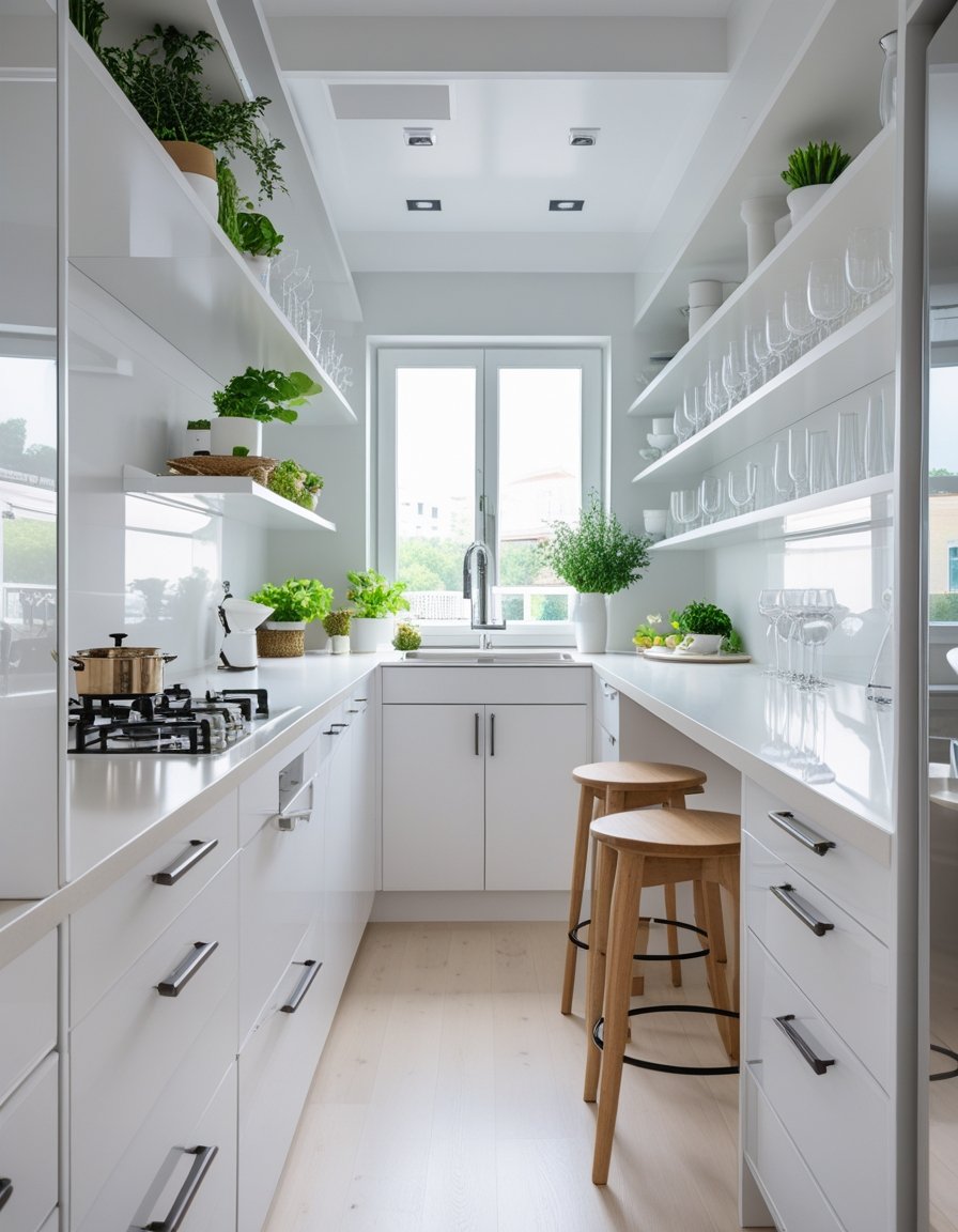 Modern white galley kitchen with open shelves, potted plants, bar stools, glassware, a gas stove, and a window above a sink letting in natural light.