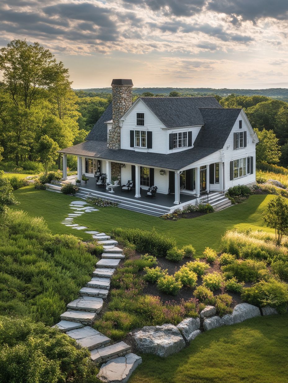 A white two-story house with a stone chimney and a wraparound porch sits among green trees and landscaped gardens, with a stone path leading to the front steps under a partly cloudy sky.