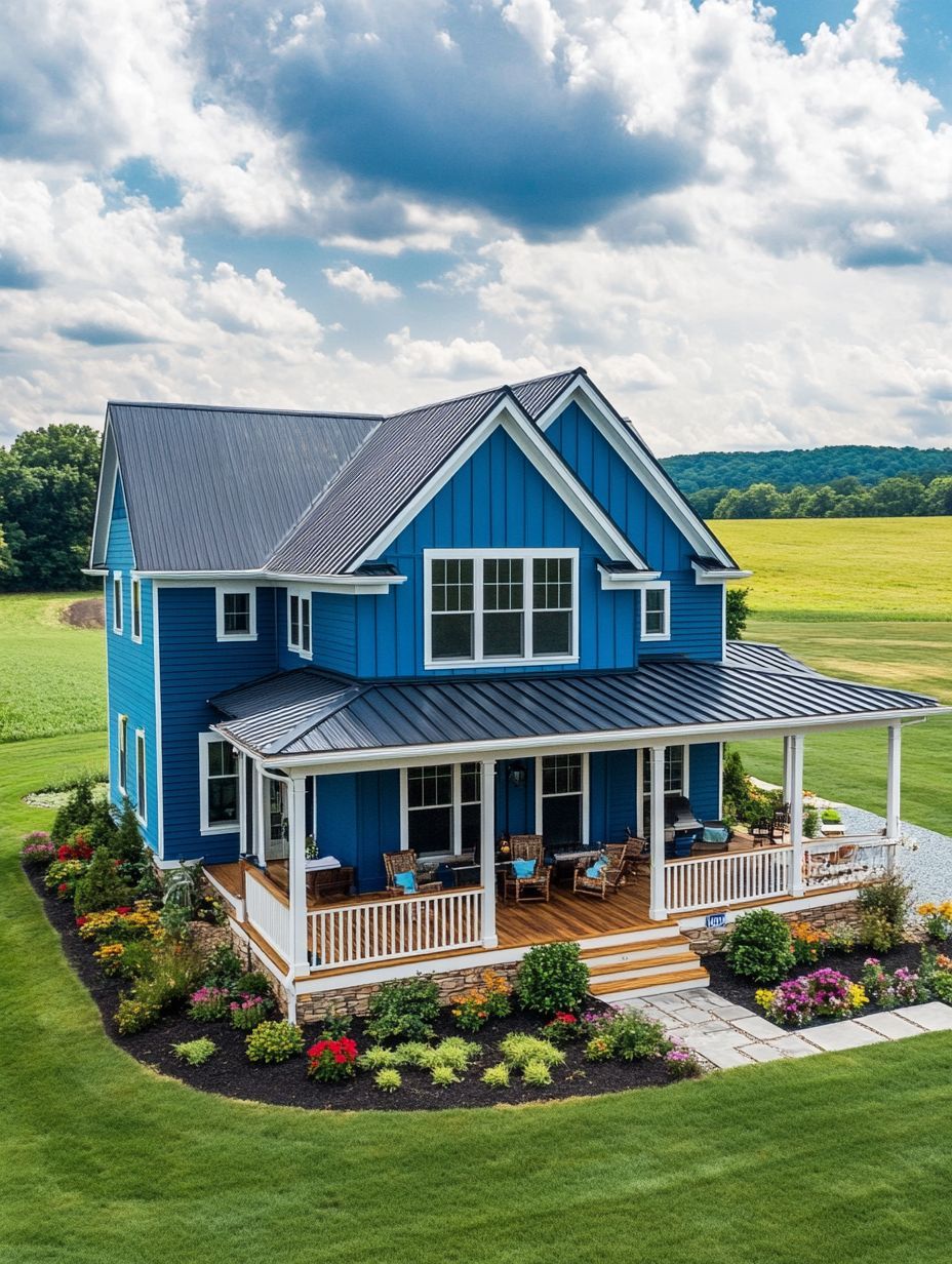 A two-story blue house with a black metal roof, white trim, and a wraparound porch, surrounded by a landscaped yard and open green fields under a partly cloudy sky.
