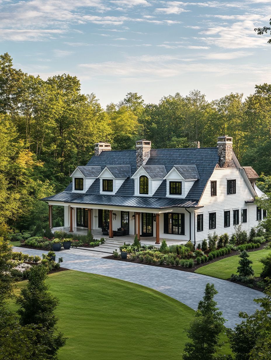 A large, two-story house with a gray roof, white siding, and multiple chimneys sits amid green trees and a manicured lawn with a curved driveway.