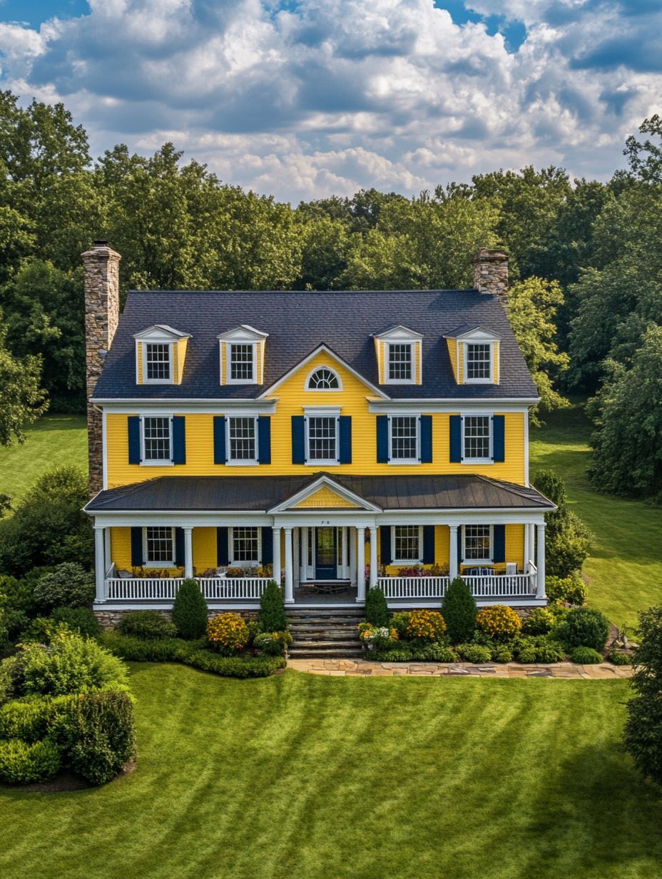 A large, yellow two-story house with black shutters, white trim, and a covered front porch, surrounded by green lawn and trees, under a partly cloudy sky.