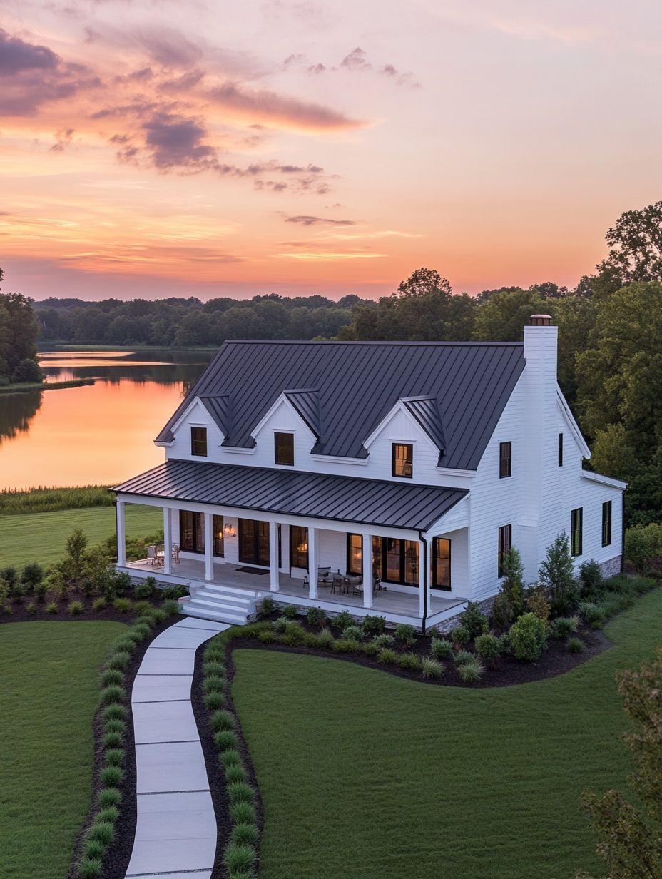 A modern white farmhouse with a black metal roof sits beside a lake at sunset, surrounded by green lawn, landscaped shrubs, and a curved walkway.