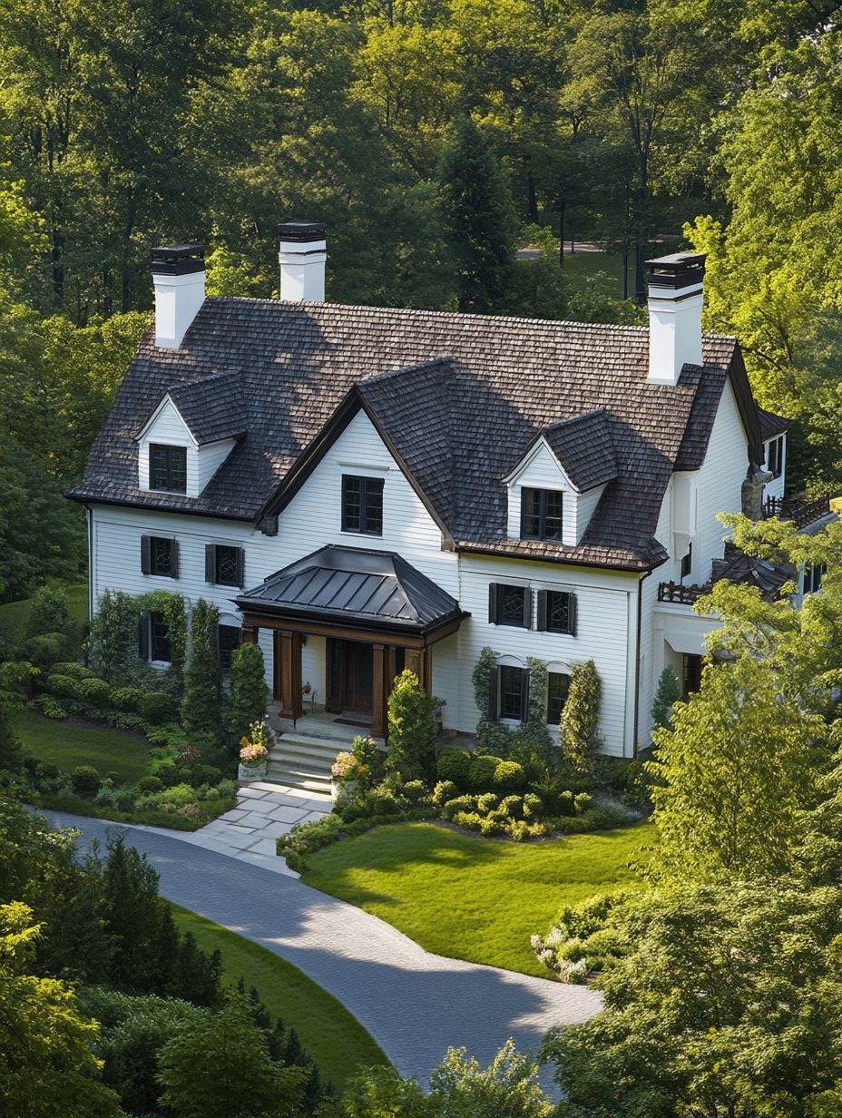 A two-story white house with a dark shingle roof, four chimneys, and landscaped yard, surrounded by trees and greenery.