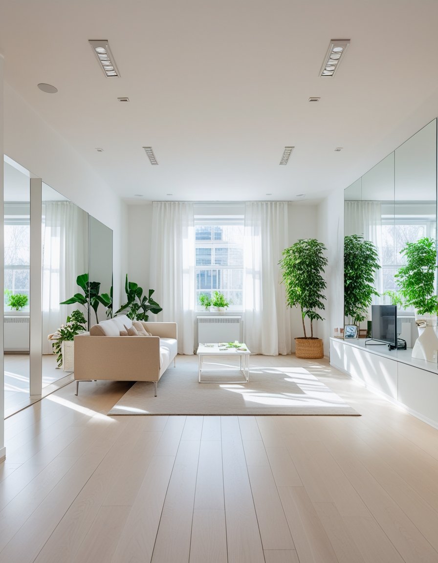 A modern living room with large windows, light wood flooring, a beige sofa, potted green plants, mirrors, and a white coffee table on a neutral rug.