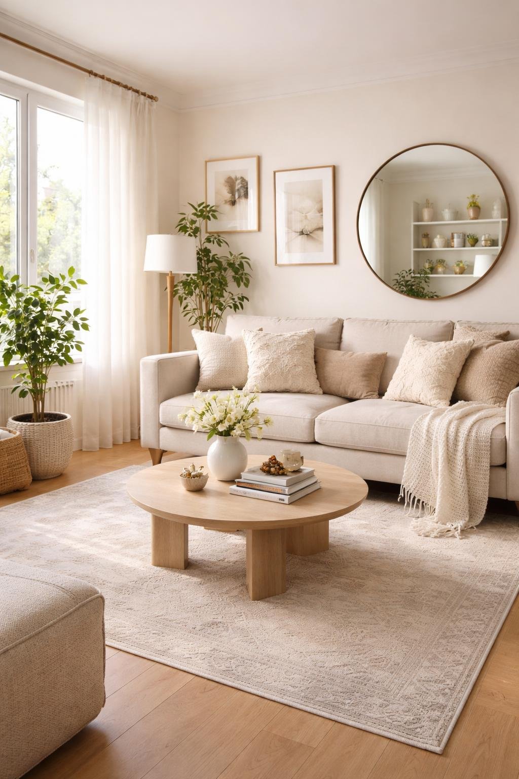 A modern living room with a beige sofa, round wooden coffee table, plants, framed art, a large round mirror, and a light rug on a wooden floor.