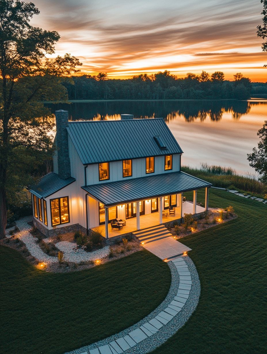 A modern farmhouse with warm outdoor lighting sits by a lake at sunset, featuring a metal roof, large windows, and a curved stone walkway leading to the front porch.