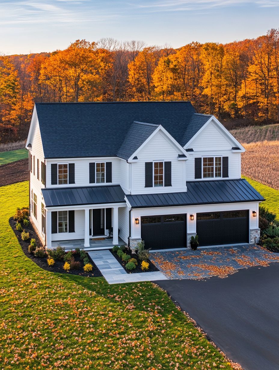 Two-story white house with black shutters and a three-car garage, surrounded by green lawn and autumn trees with orange leaves in the background.