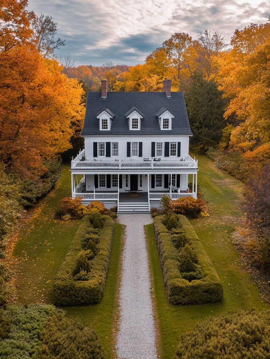 A white two-story house with black shutters and a wraparound porch, surrounded by autumn trees and manicured hedges lining a gravel path.