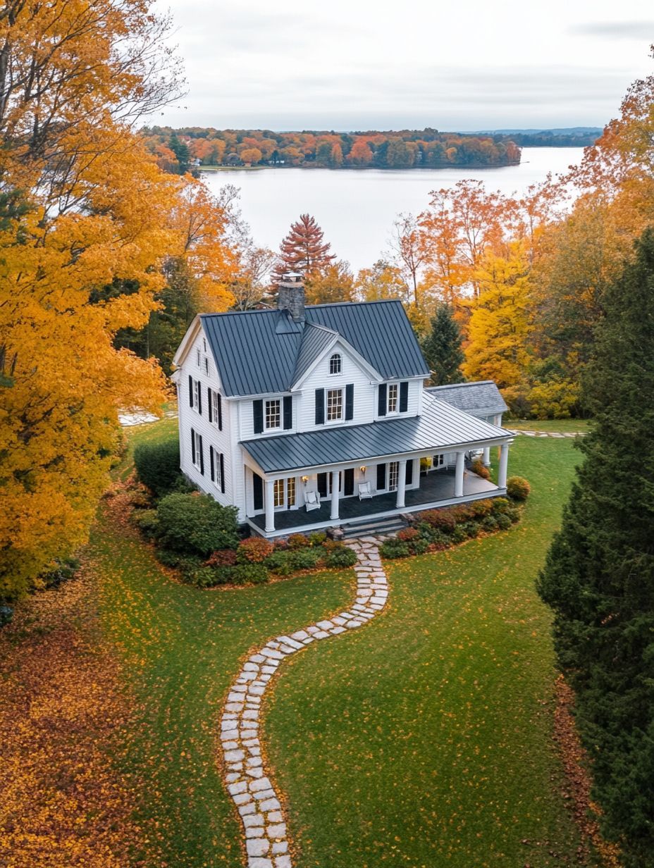 A white two-story house with a black roof sits among autumn trees near a lake, with a stone path leading to the front porch and fallen leaves scattered on the lawn.