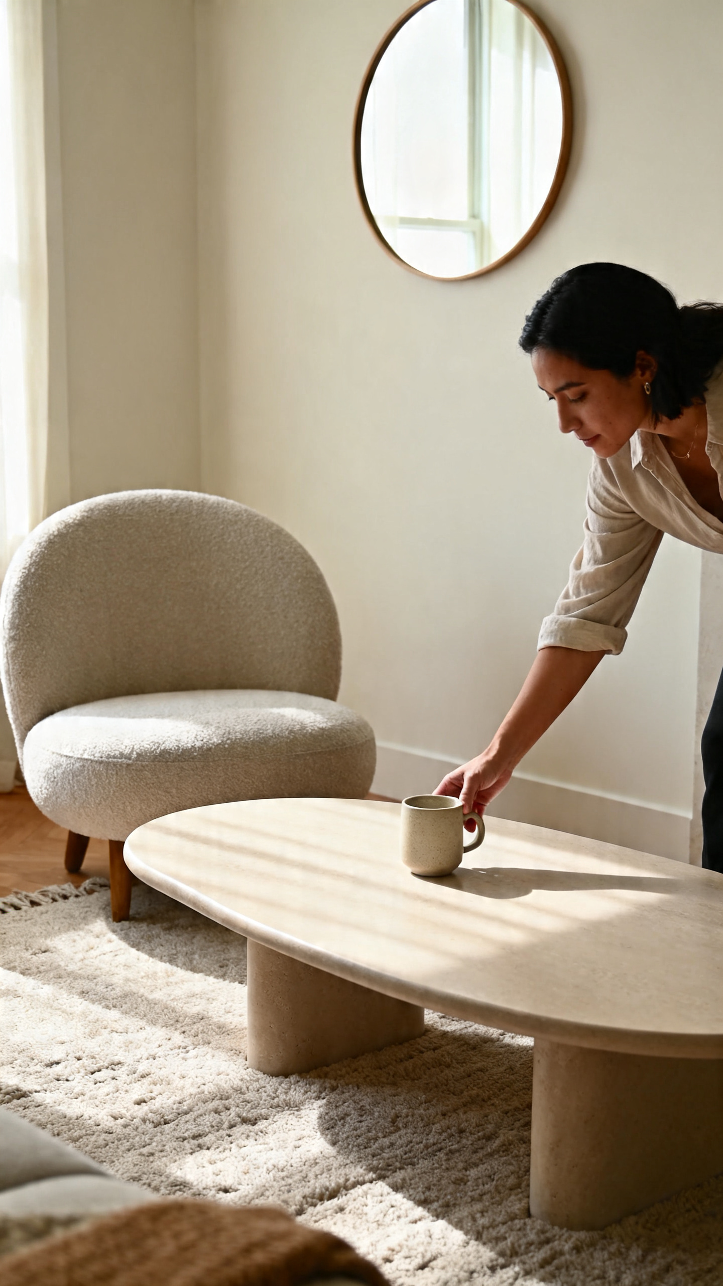Person using an oval coffee table beside a rounded chair in a small, warm modern living room