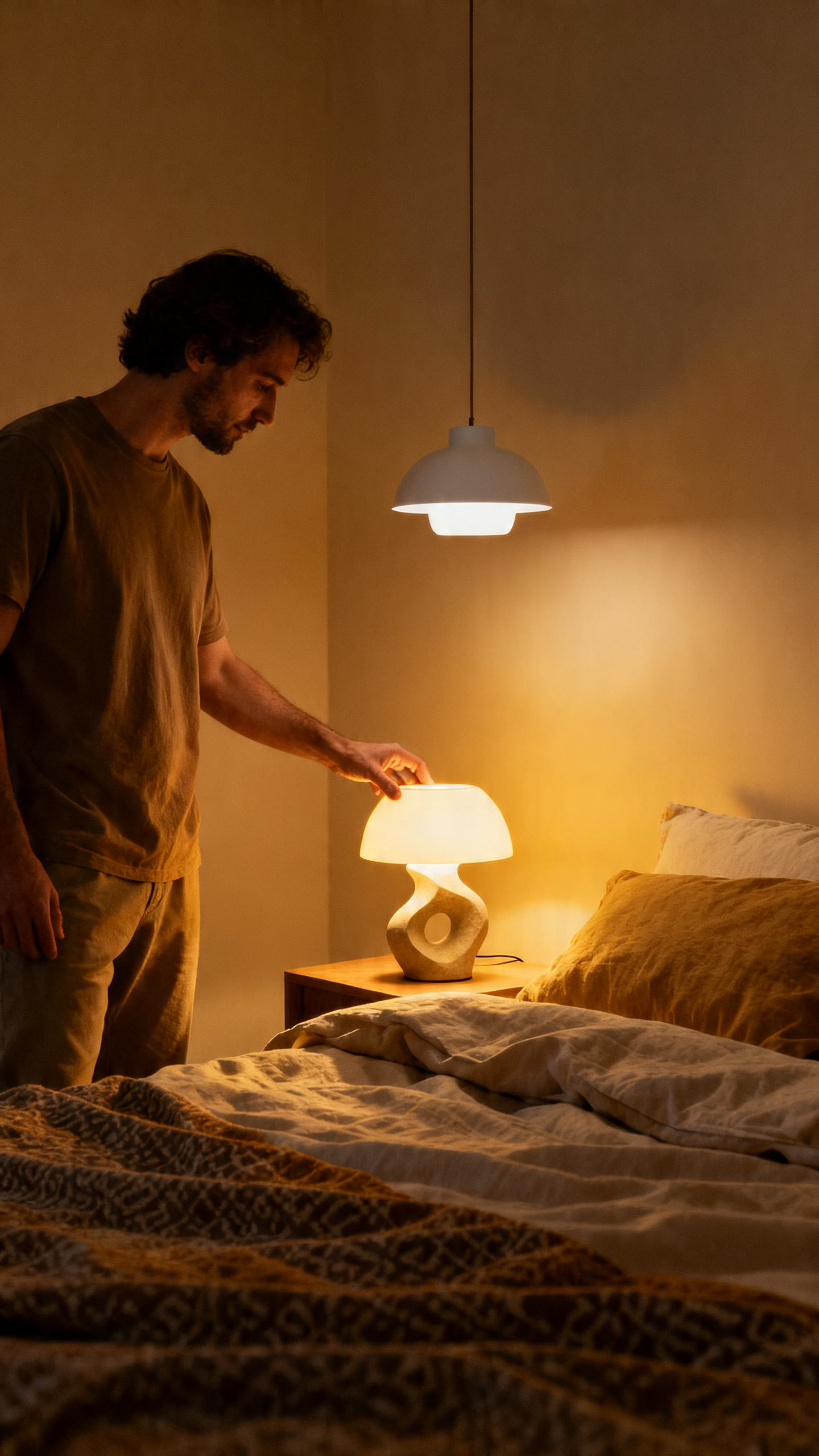 Person turning on a sculptural bedside lamp in a softly lit bedroom with layered bedding