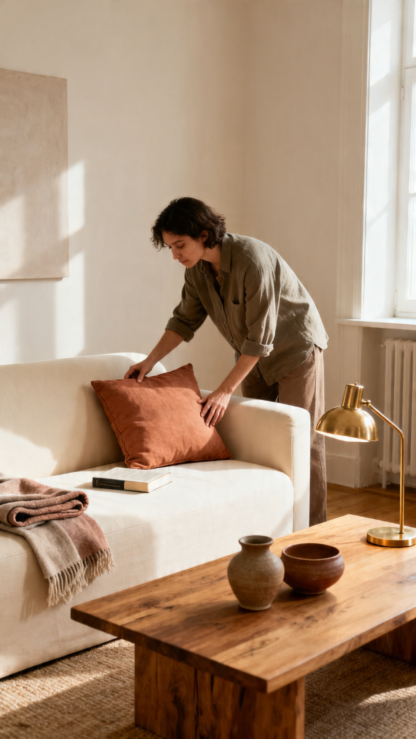 Person styling a warm modern living room with a cream sofa, wood table, and earthy accents