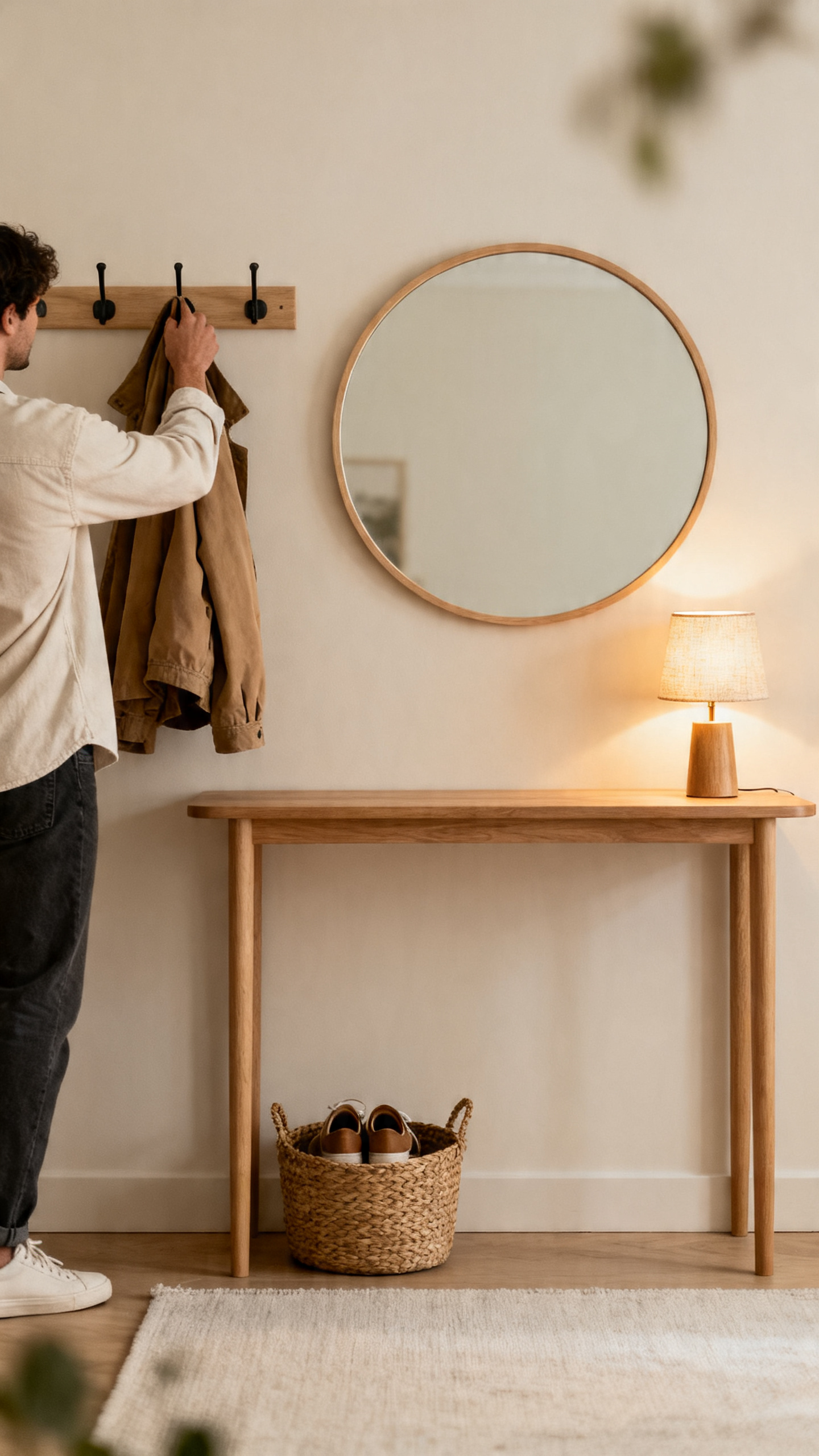 Person hanging a jacket in a functional entryway with a console table, warm lamp, basket storage, and mirror