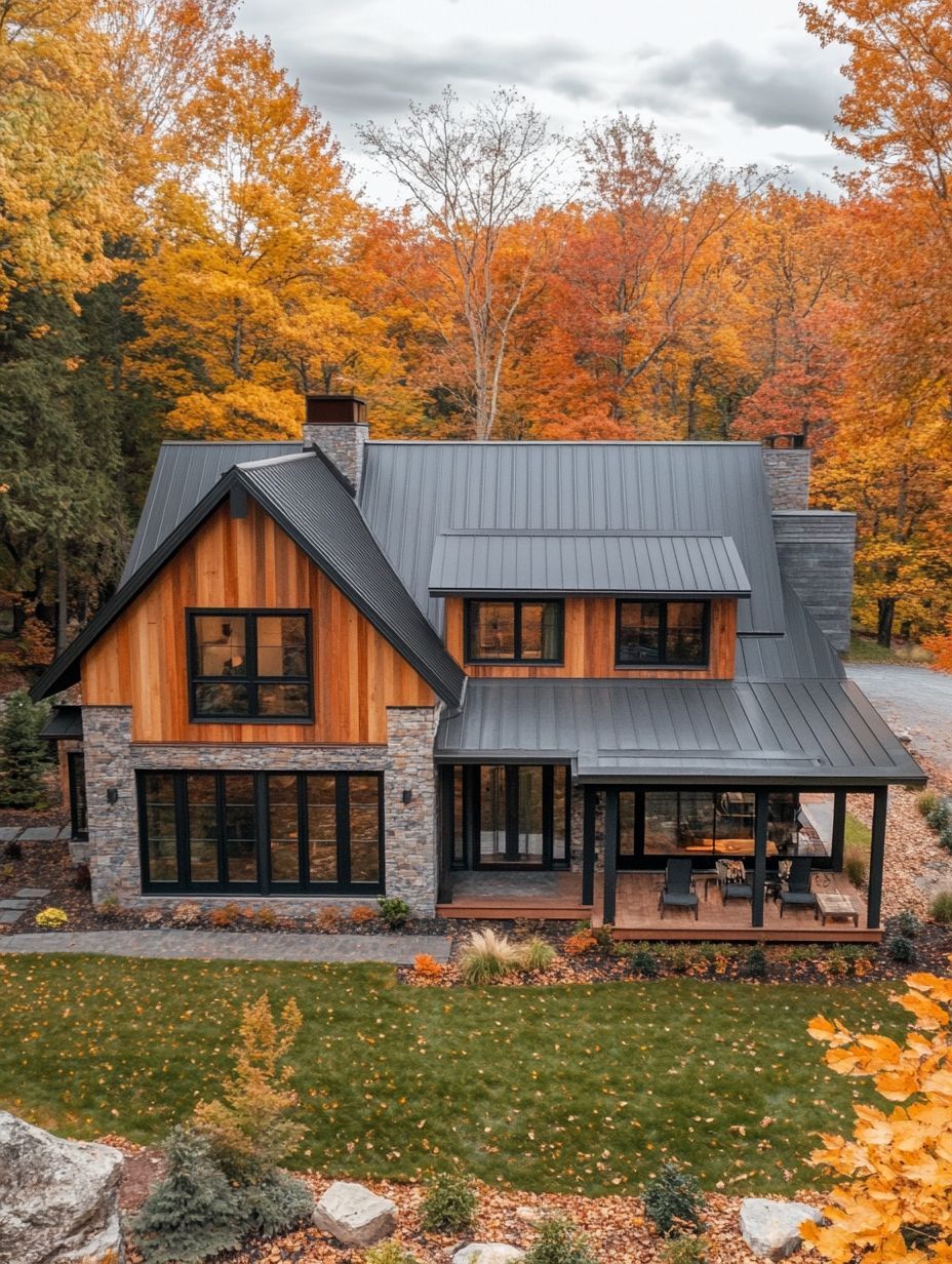 Modern two-story house with wood and stone exterior, black metal roof, large windows, and surrounded by autumn trees with colorful foliage.