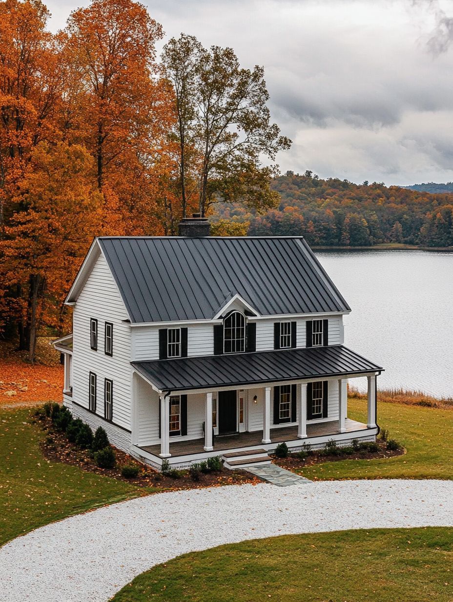A white two-story house with a black metal roof sits near a lake, surrounded by autumn trees and a curved gravel driveway.