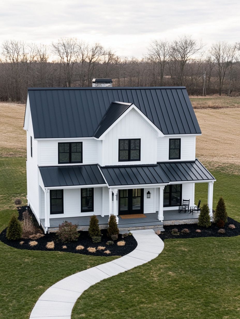 A modern two-story white house with a black metal roof, surrounded by lawn, landscaping, and a curved concrete walkway, set in a rural area with bare trees and fields.