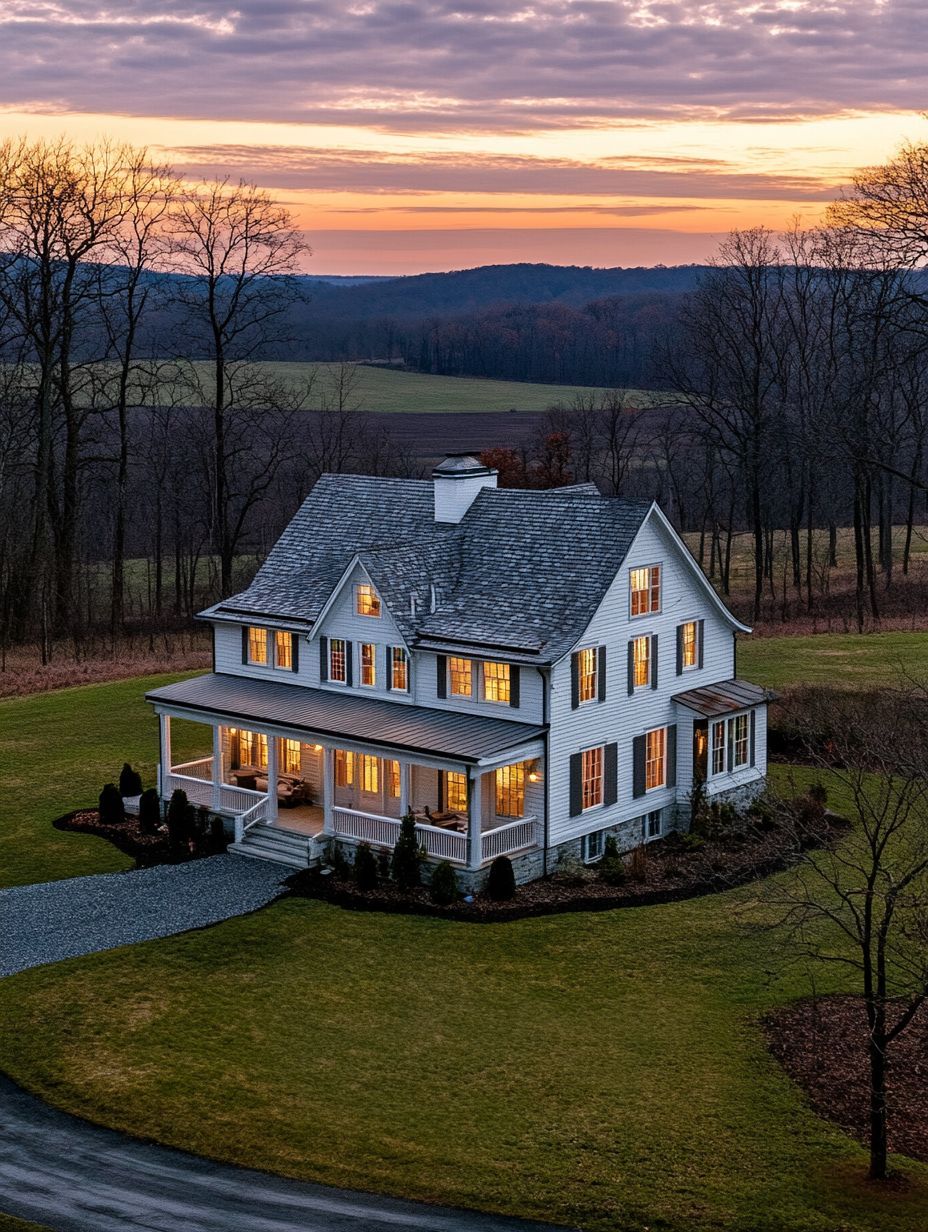 A two-story white house with a porch sits on a large grassy lot at sunset, surrounded by leafless trees and open fields. Interior lights are on, and a driveway curves in front.