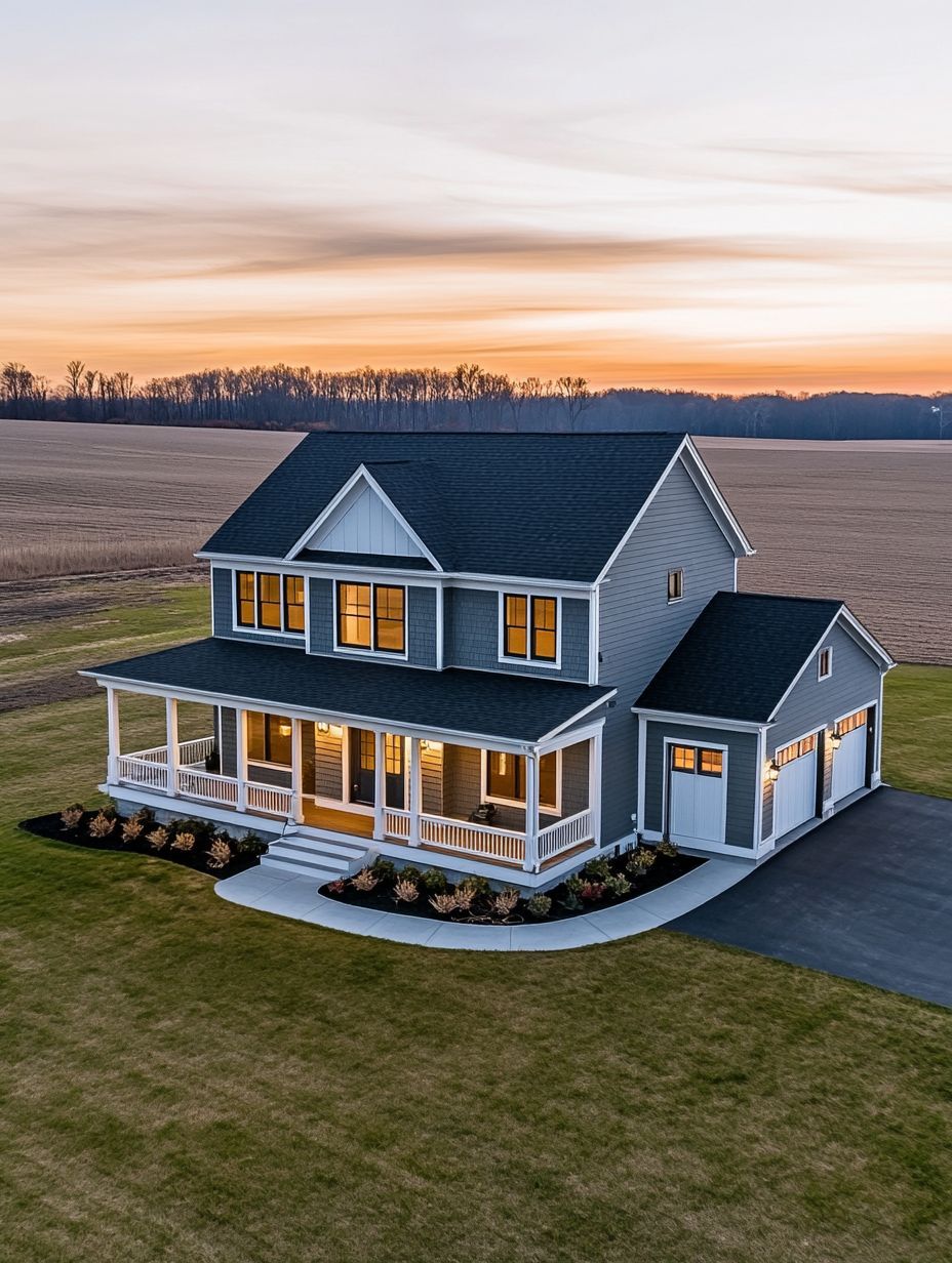 A two-story gray house with a wraparound porch, attached garage, and lit windows sits on a large lawn near open fields at sunset.