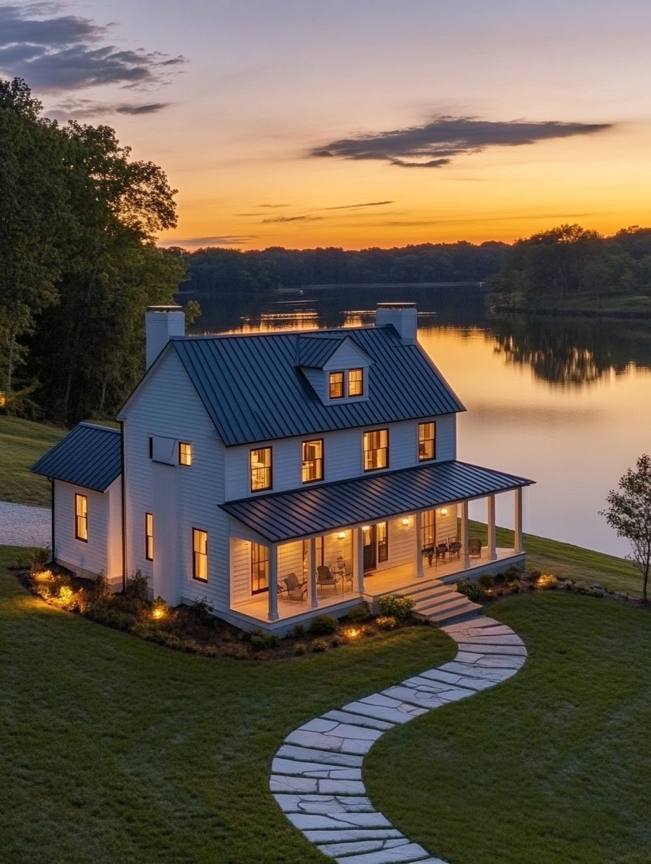 A modern farmhouse with a metal roof and large porch sits beside a lake at sunset, with lights on inside and a curved stone path leading to the front door.