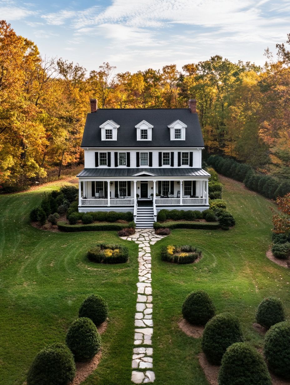 A two-story white house with black shutters and a front porch, surrounded by manicured lawns, stone path, and autumn trees.