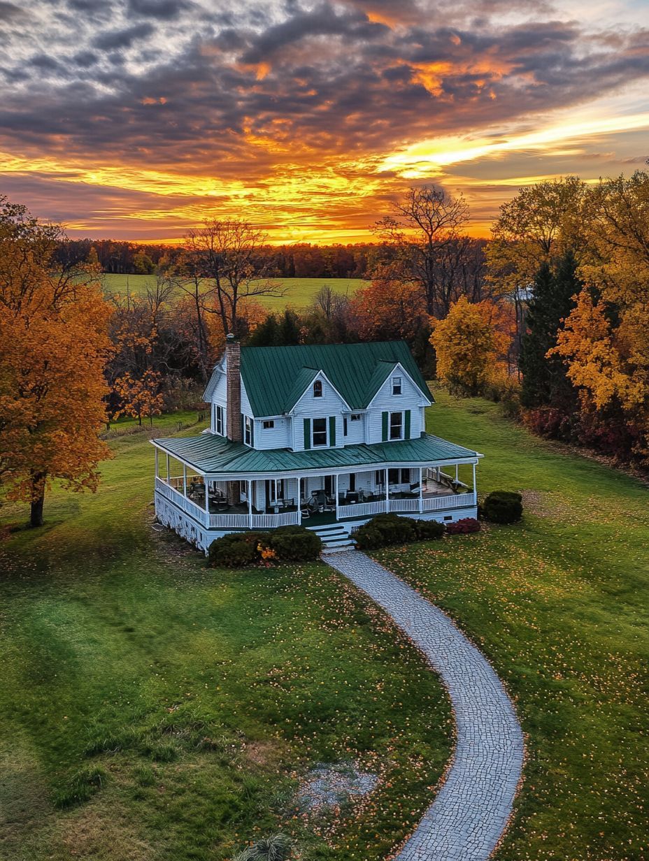 A white two-story house with a green roof and wraparound porch sits on a lawn surrounded by autumn trees under a colorful sunset sky.