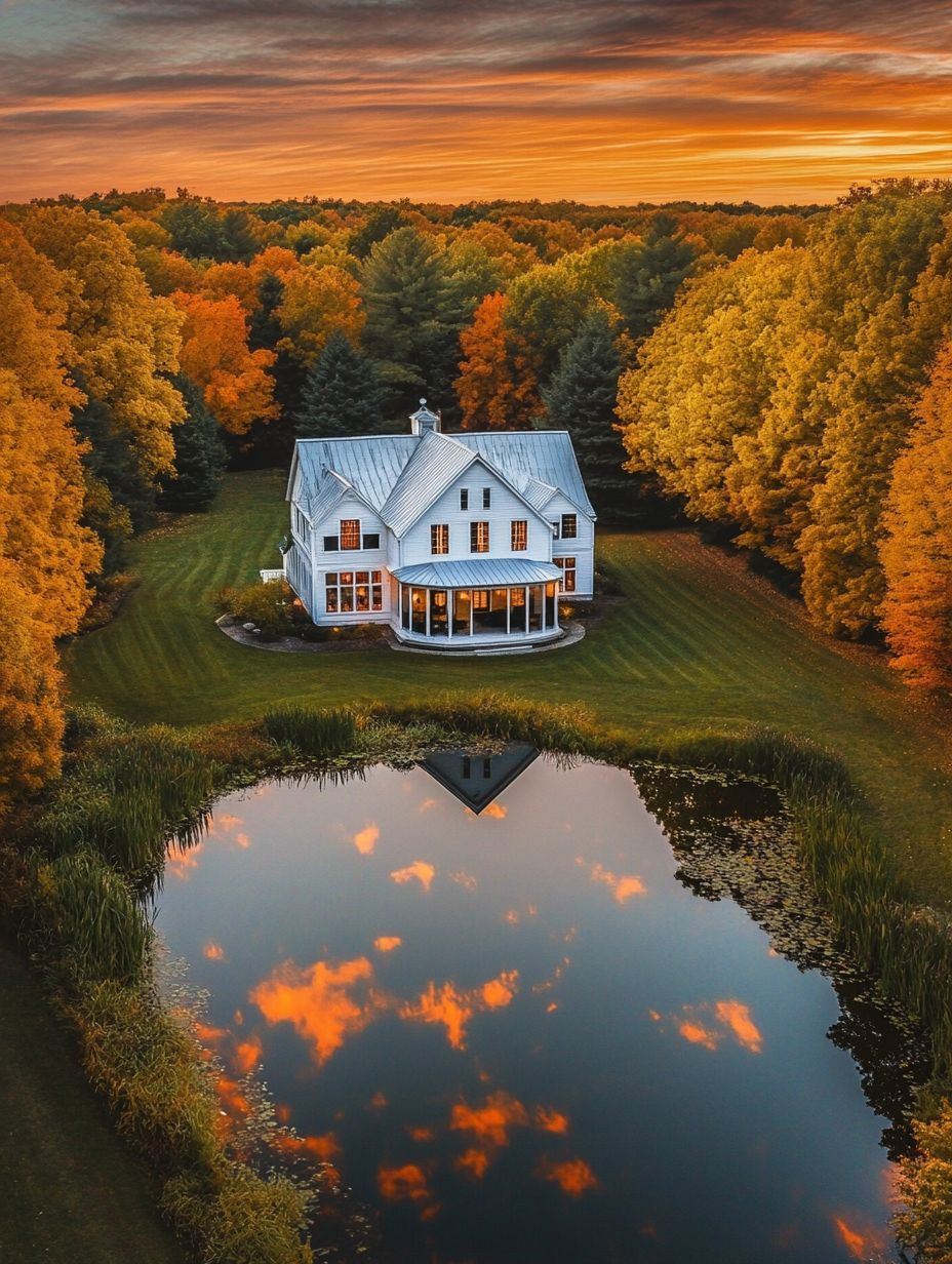 A white house with a gray roof is surrounded by colorful autumn trees and reflected in a pond, under a dramatic sunset sky.