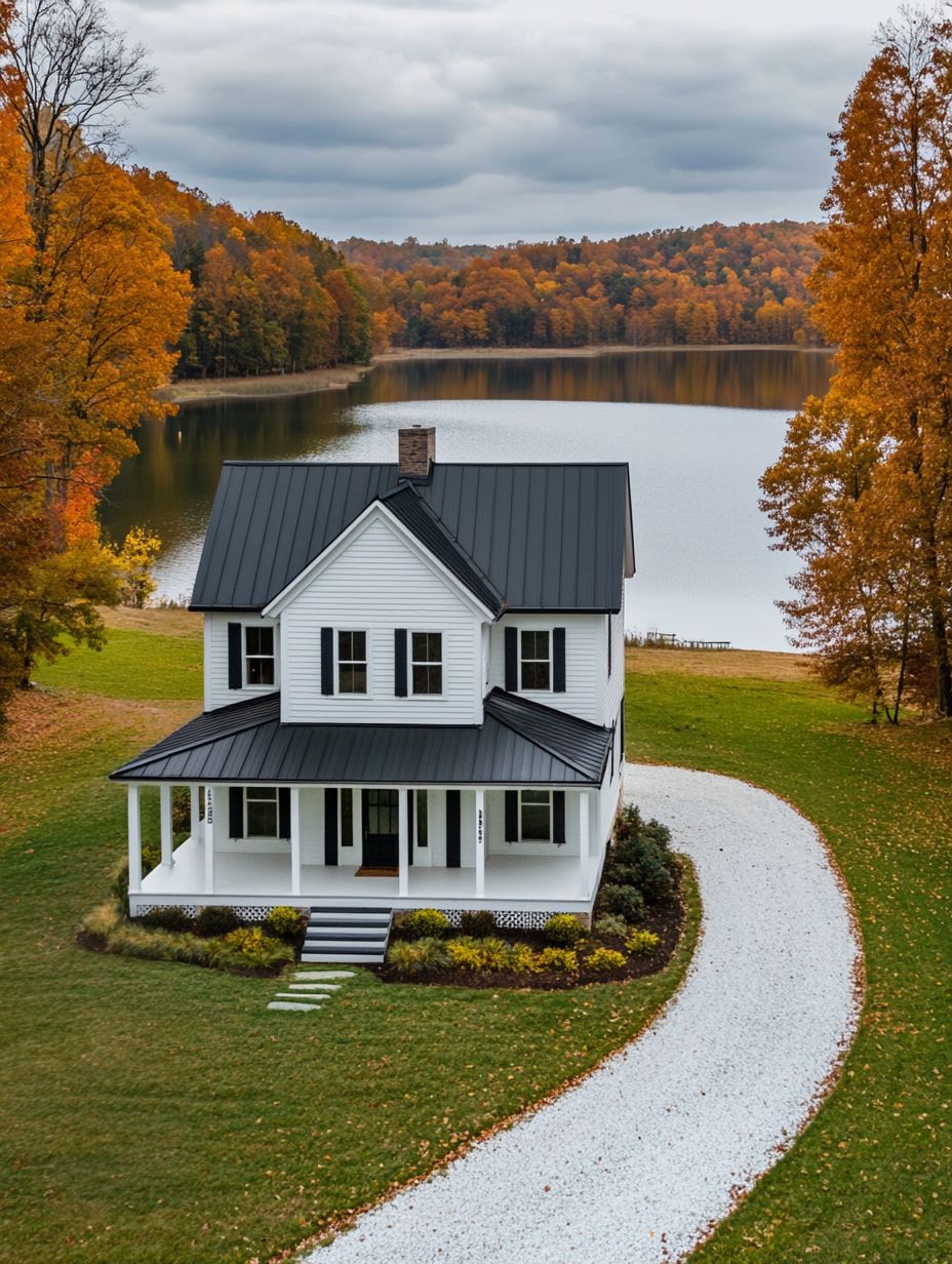 A white two-story house with a black roof sits beside a lake, surrounded by autumn trees and a curved gravel driveway.