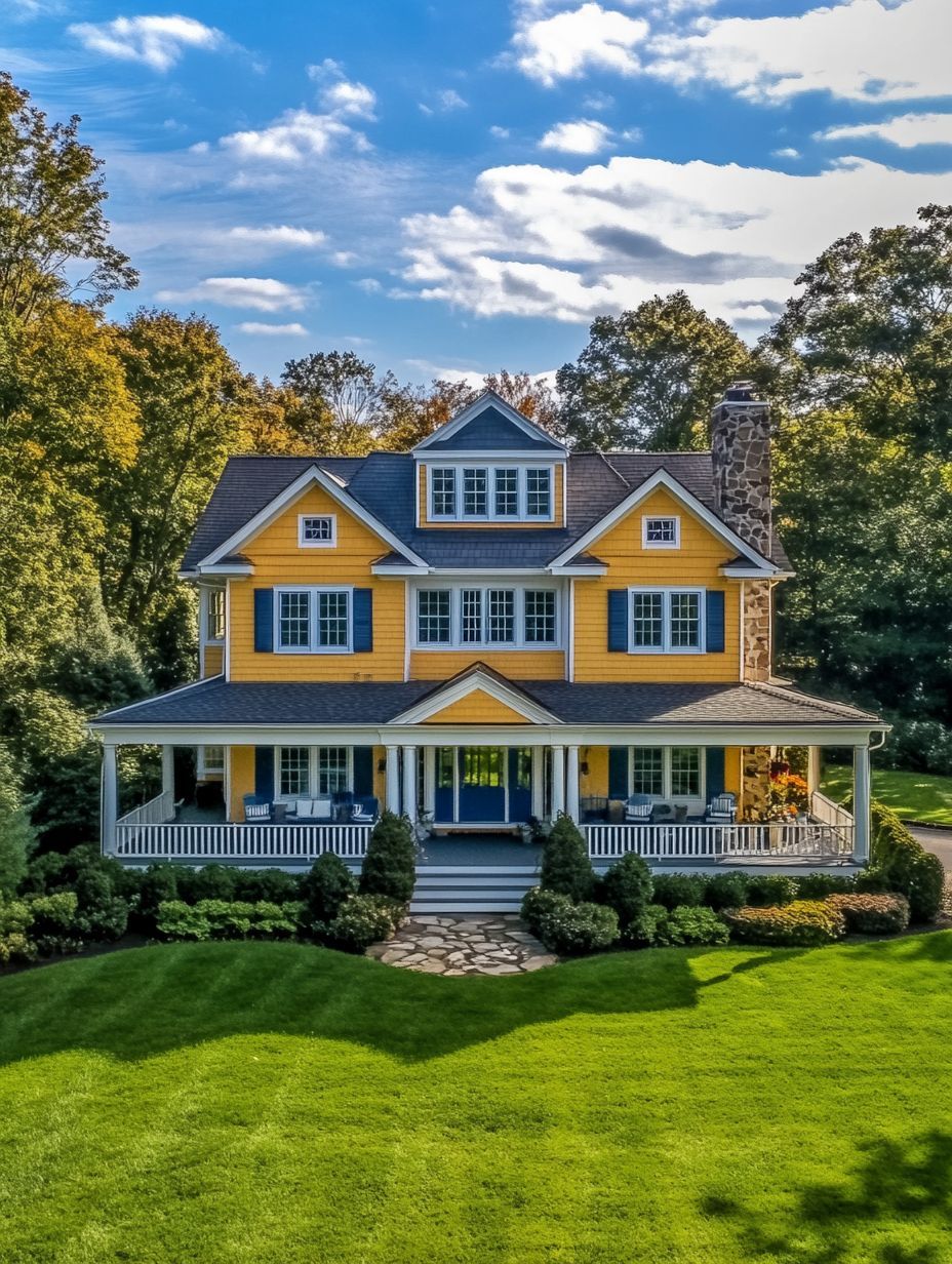 A yellow two-story house with blue shutters, a large front porch, and a stone chimney, surrounded by a well-manicured lawn and trees under a partly cloudy sky.