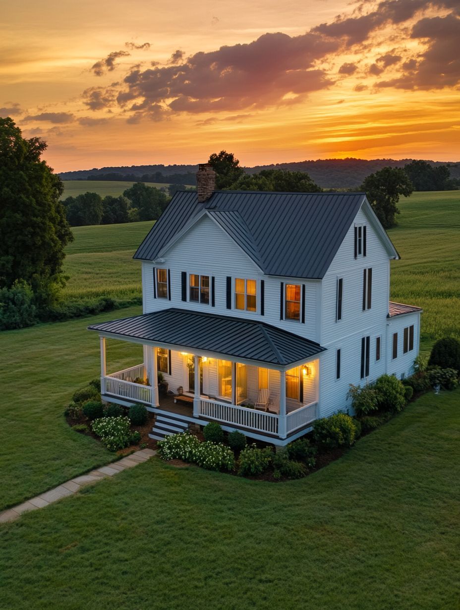 A two-story white house with a porch sits on a large grassy lot at sunset, surrounded by open fields and trees under a partly cloudy sky.
