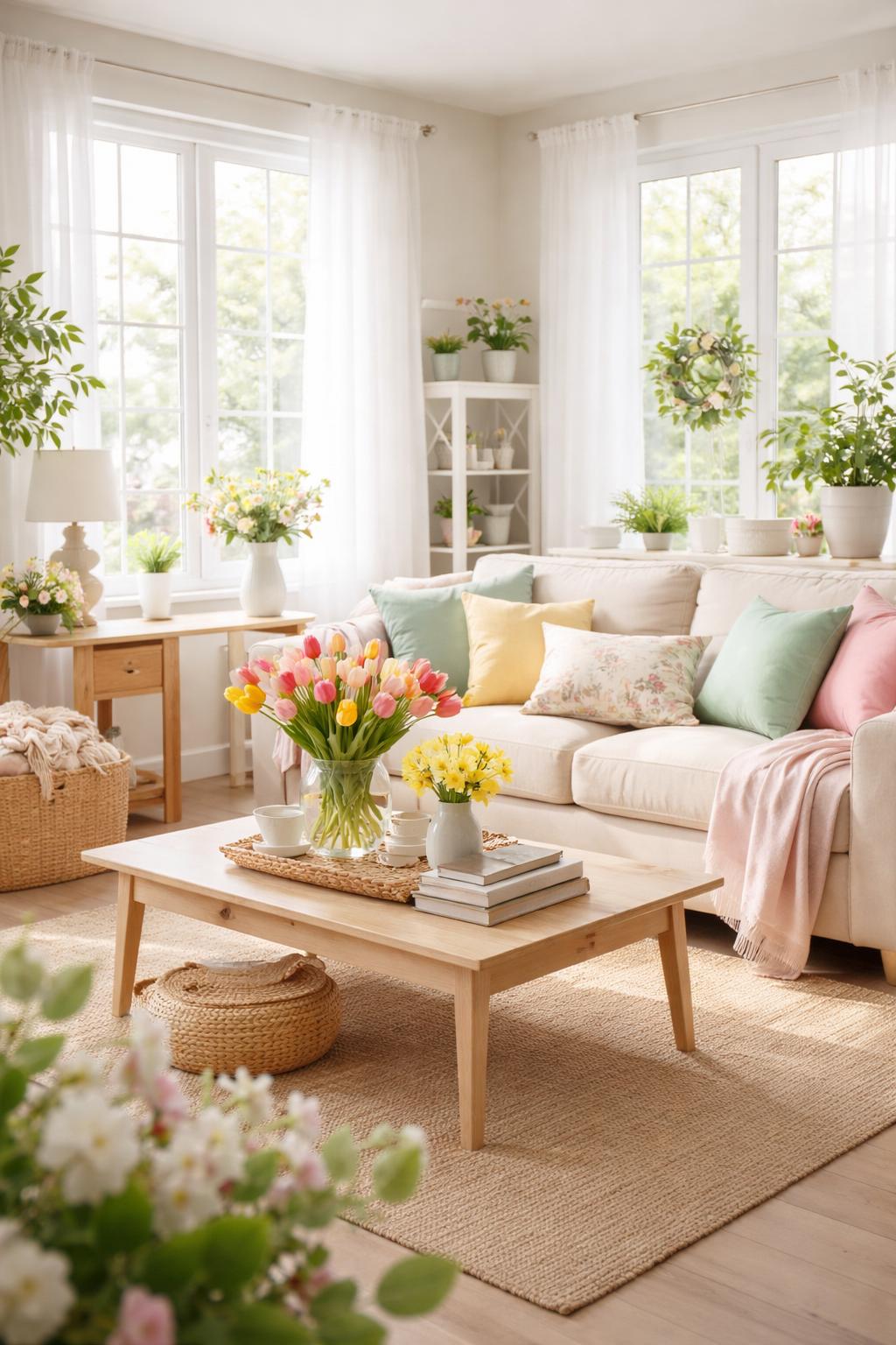 Bright living room with large windows, a beige sofa with colorful cushions, a wooden coffee table with flowers and books, and various potted plants throughout the space.