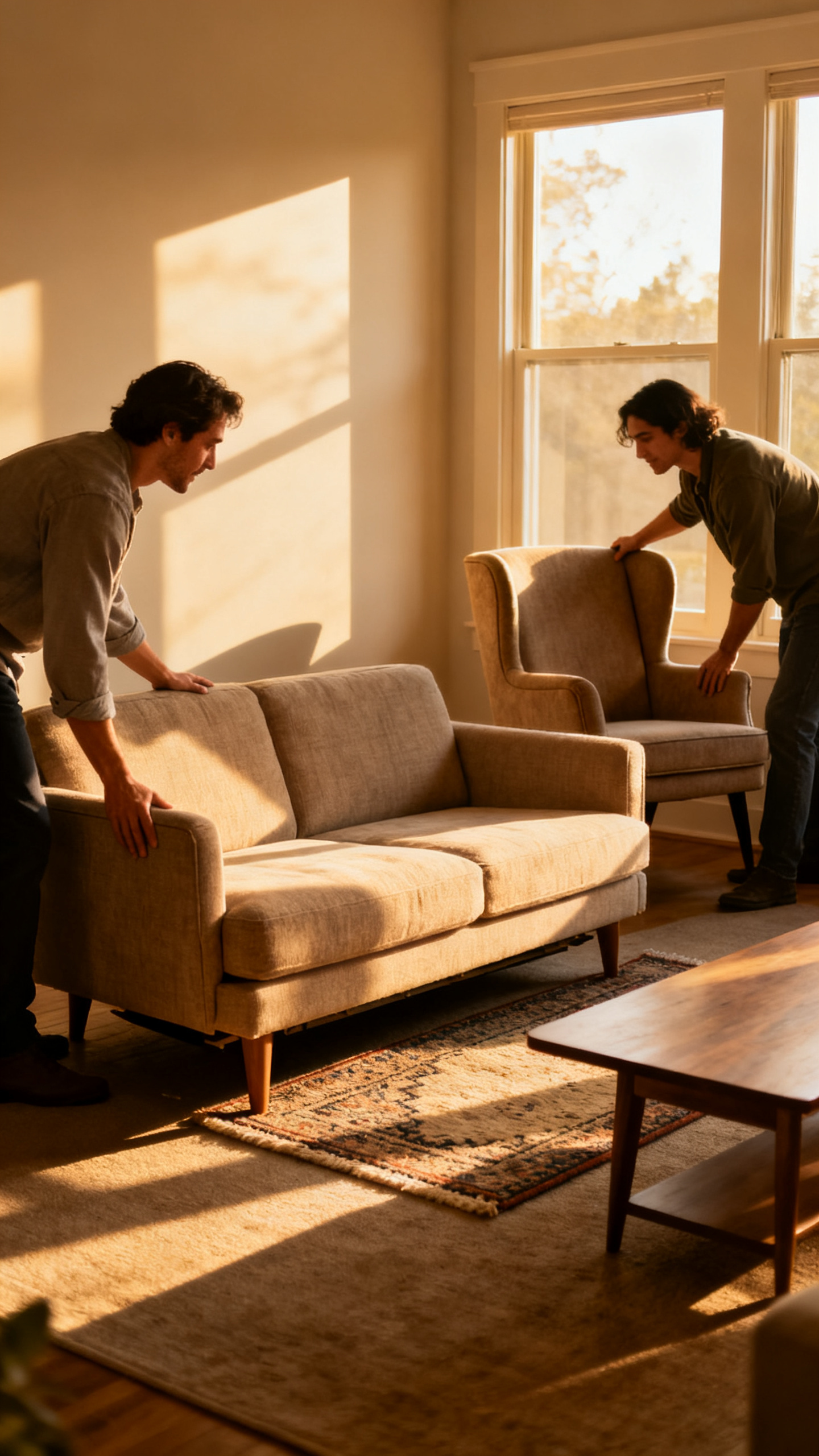Two people rearranging living room furniture for better flow