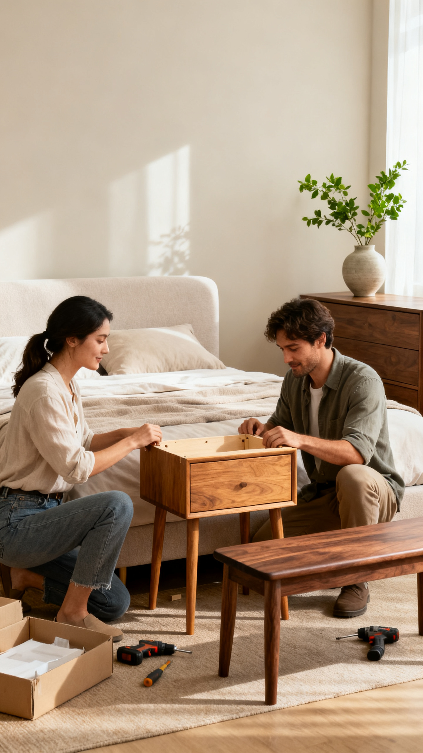 Couple adding warm wood nightstand in a modern neutral bedroom
