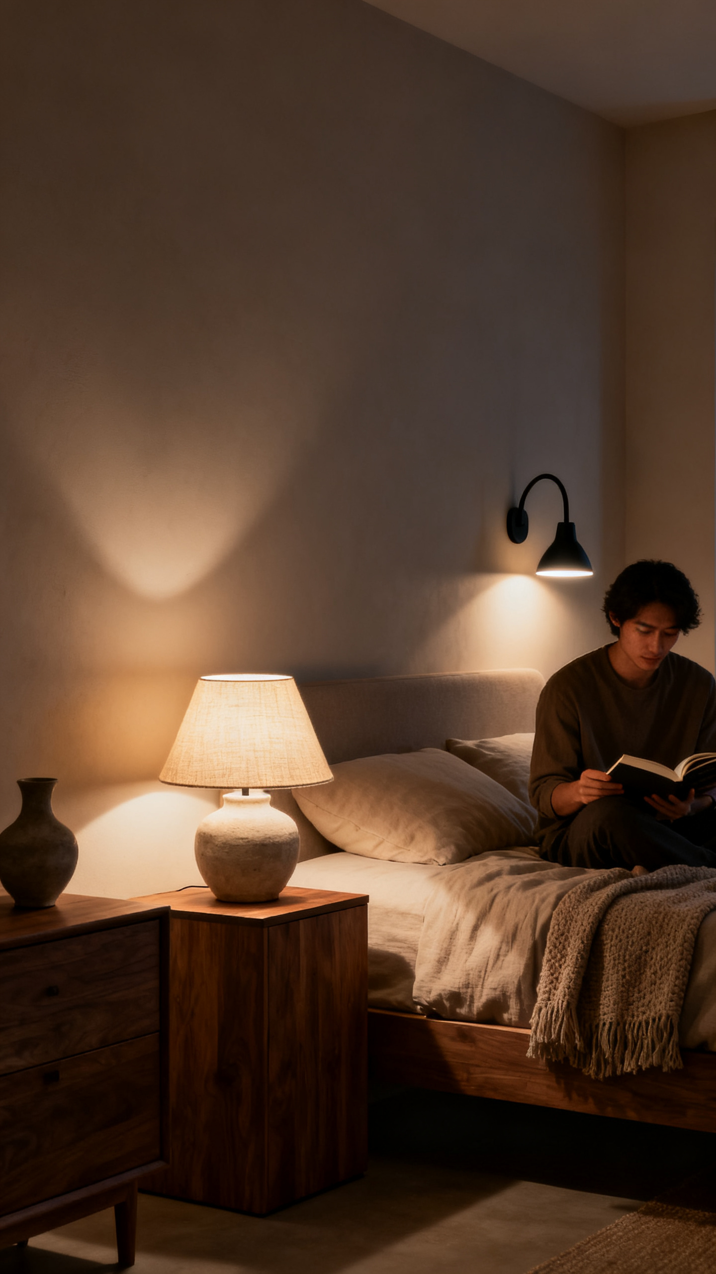 Warm layered lighting with lamp and sconce in an organic modern bedroom