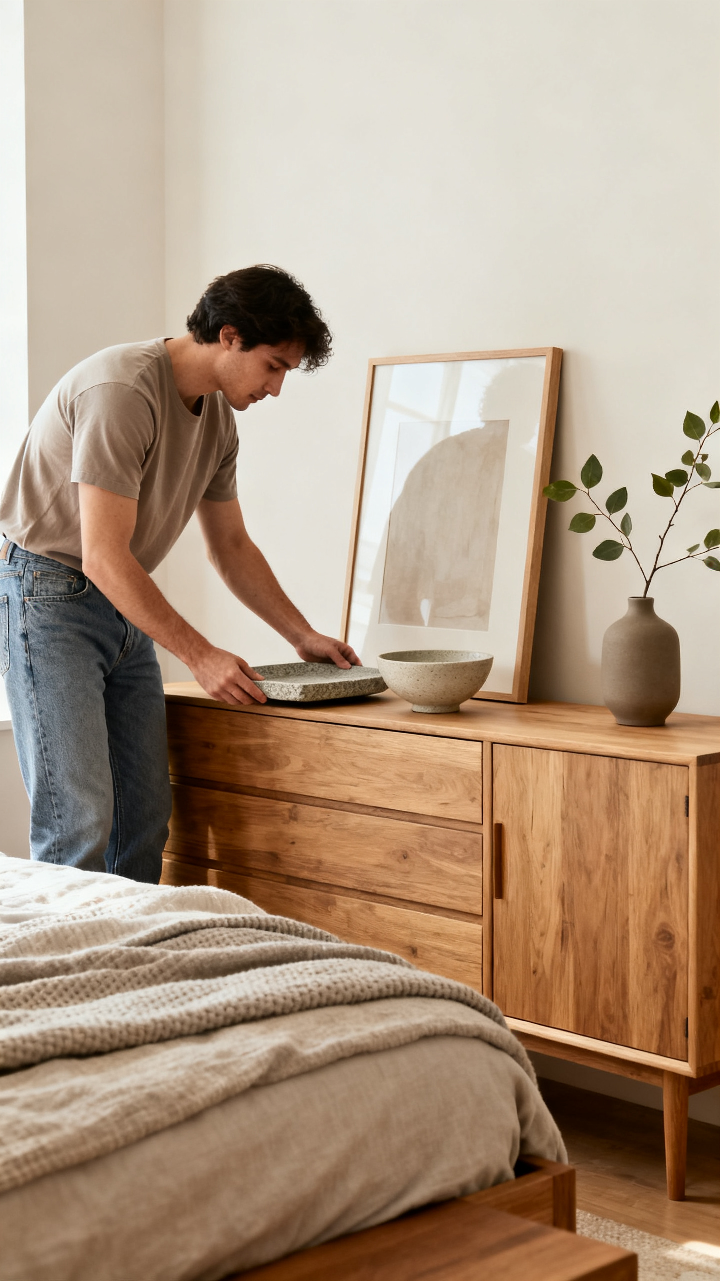 Person styling minimal decor on a dresser in an organic modern bedroom