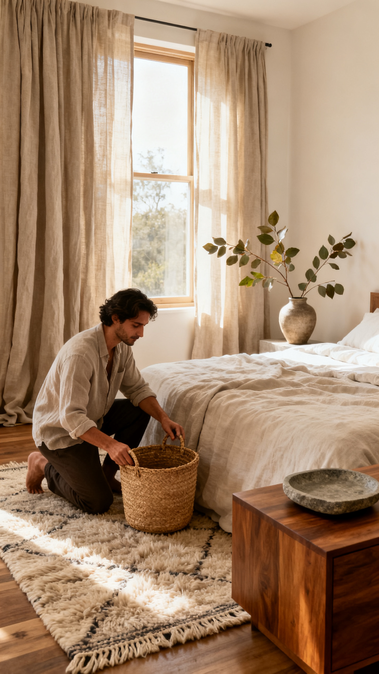 Person adding woven basket and natural textures to an organic modern bedroom