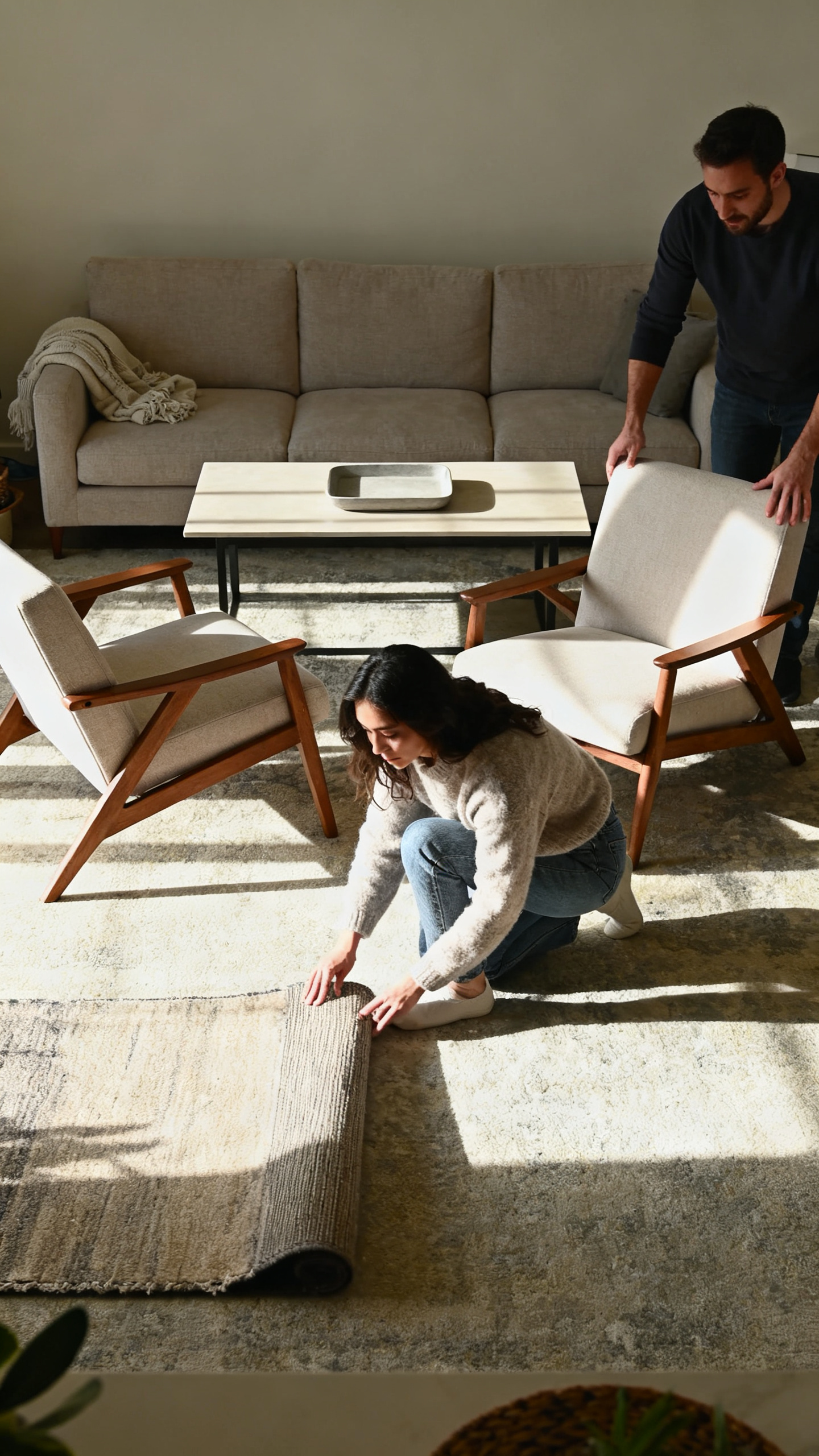 Two people rearrange a living room; a woman adjusts a rug on the floor while a man moves an armchair near a sofa and coffee table under natural sunlight.