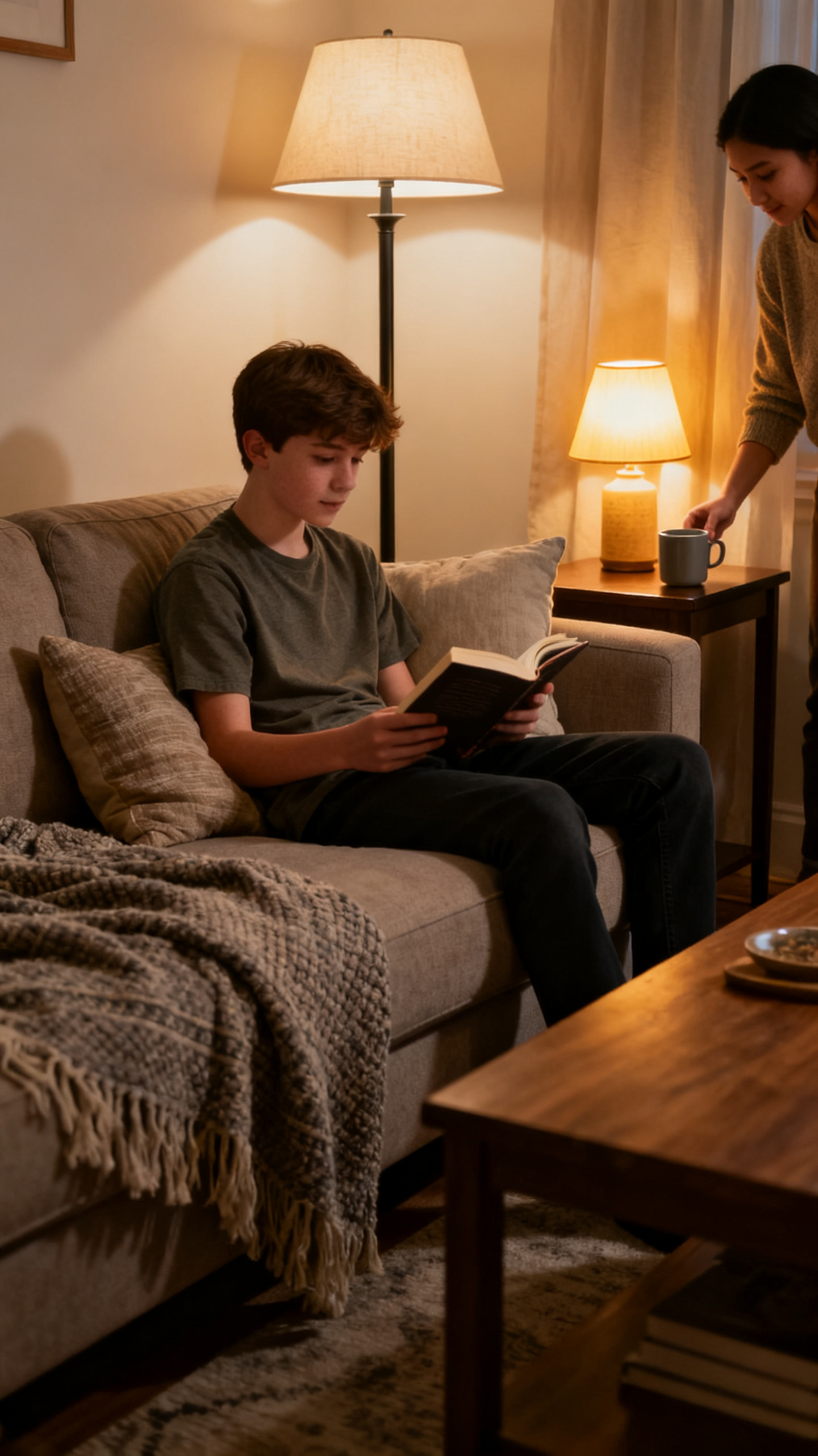Layered living room lighting with floor and table lamps at night