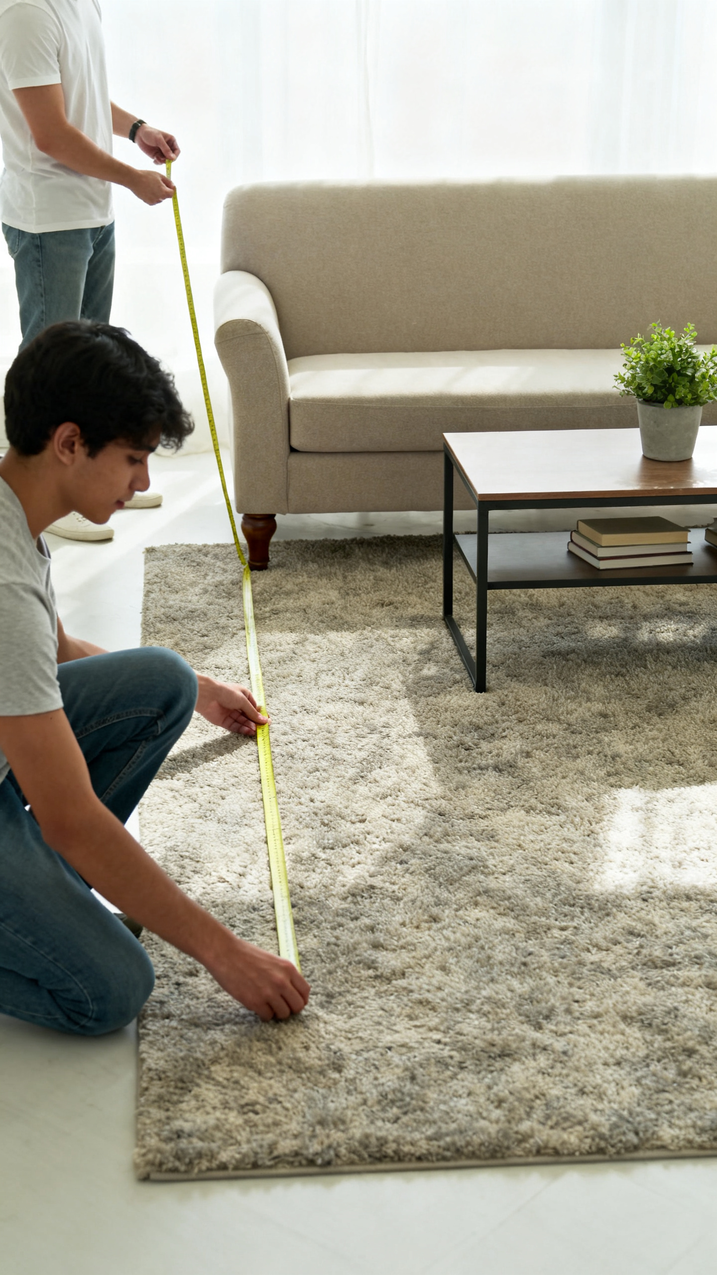 People measuring a living room rug size under a sofa