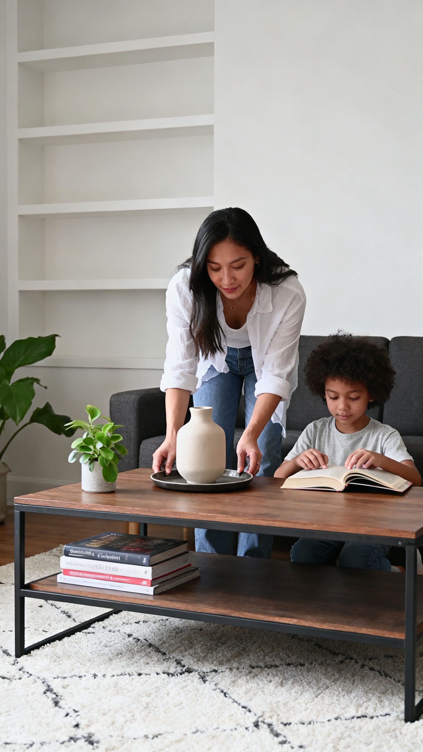Woman styling a coffee table with simple, uncluttered decor