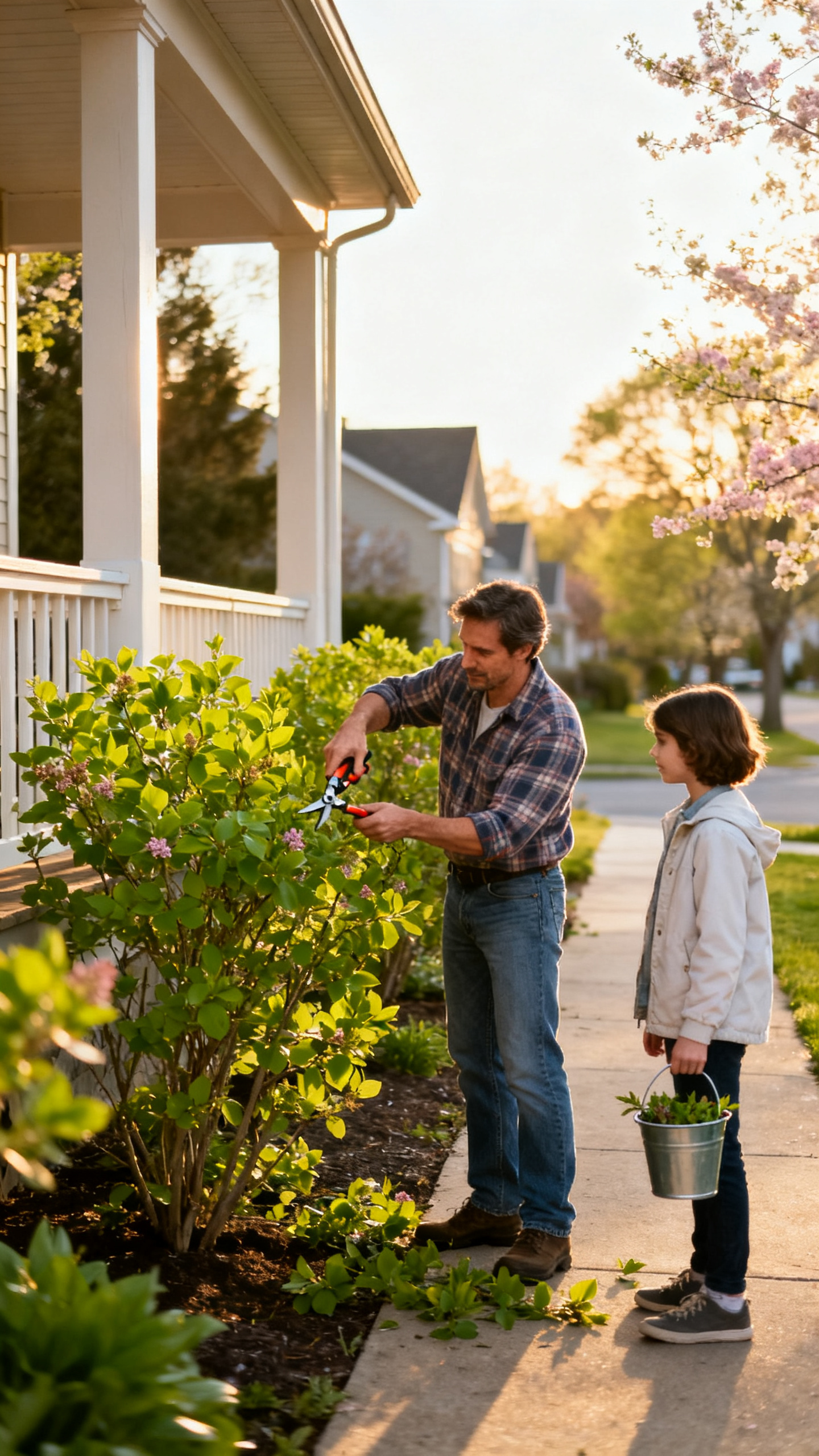 Homeowner pruning shrubs along a spring walkway near the porch