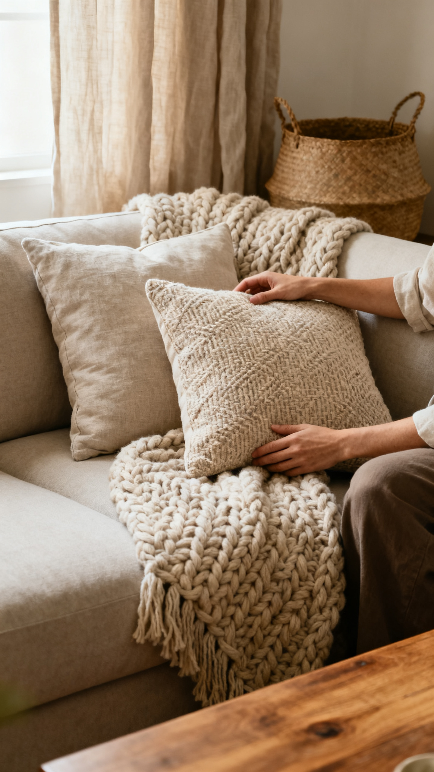 Person arranging textured pillows and knit throw on a sofa