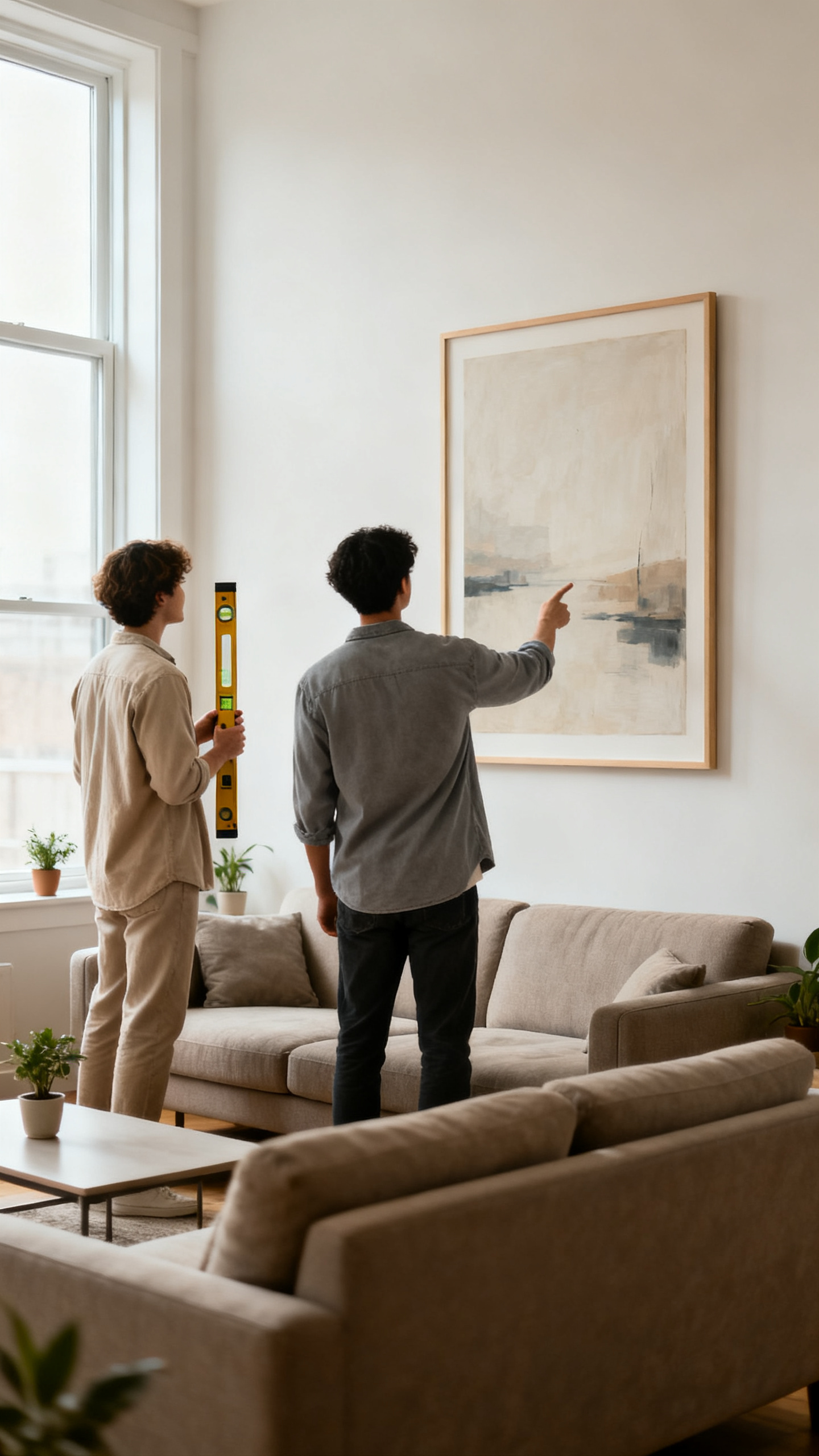 Two friends positioning large wall art to create a focal point