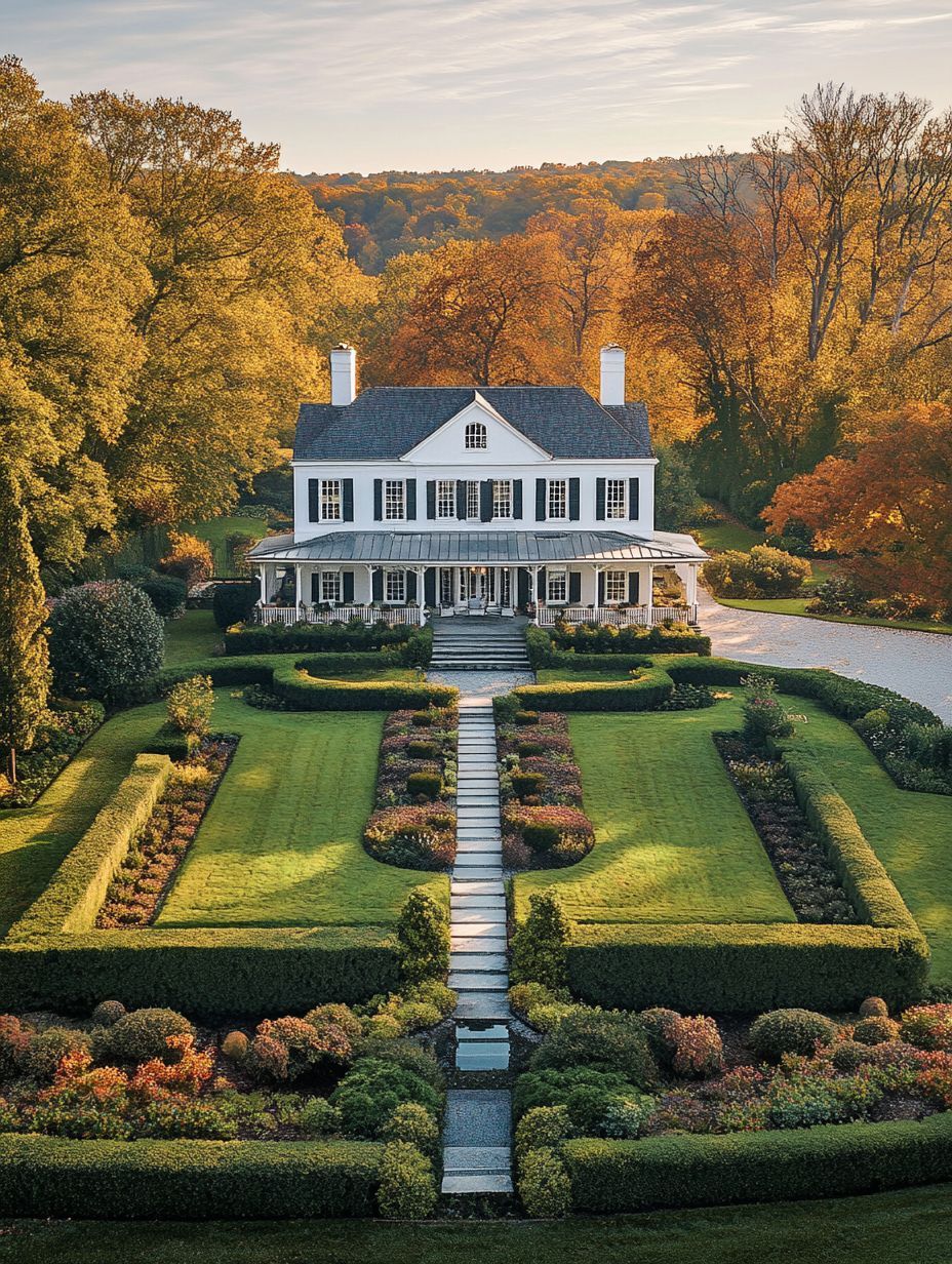 A large white two-story house with a wraparound porch is surrounded by manicured gardens and neatly trimmed hedges, set against a backdrop of autumn trees.