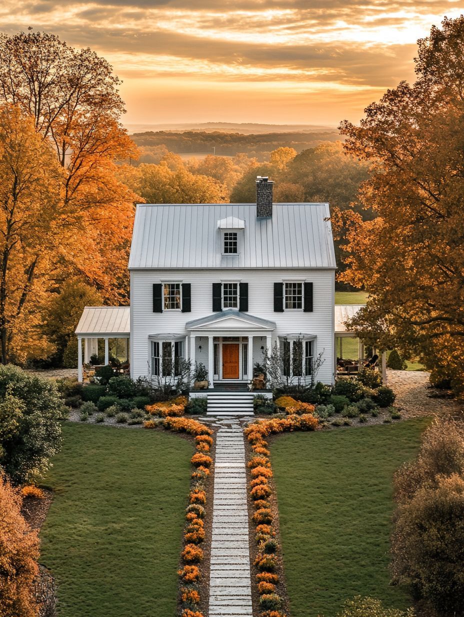A white two-story house with a metal roof is surrounded by autumn trees and landscaping, with a stone path leading to the front door at sunset.