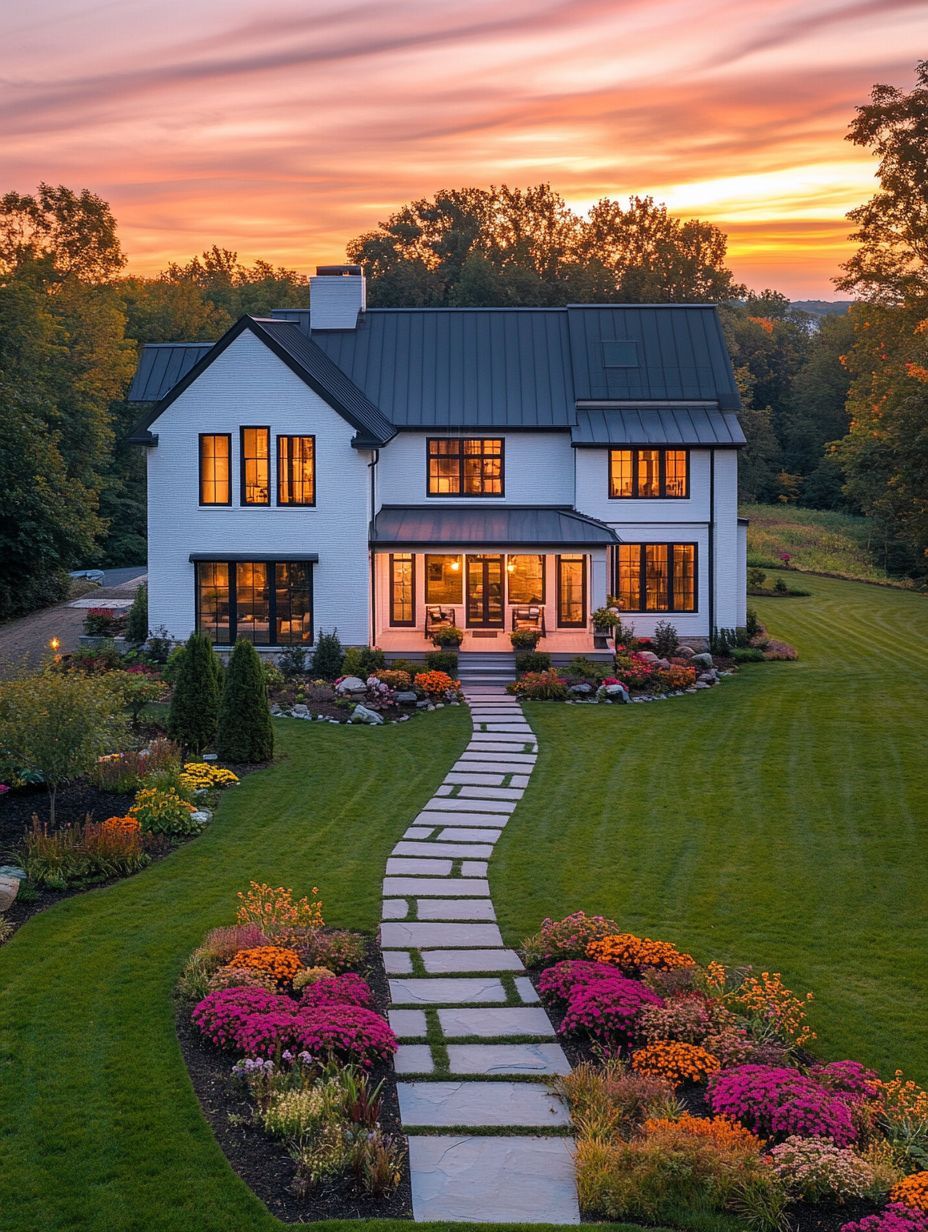 A modern two-story white house with black roof and trim, lit from within, sits amid a landscaped yard with a stone path and colorful flower beds at sunset.